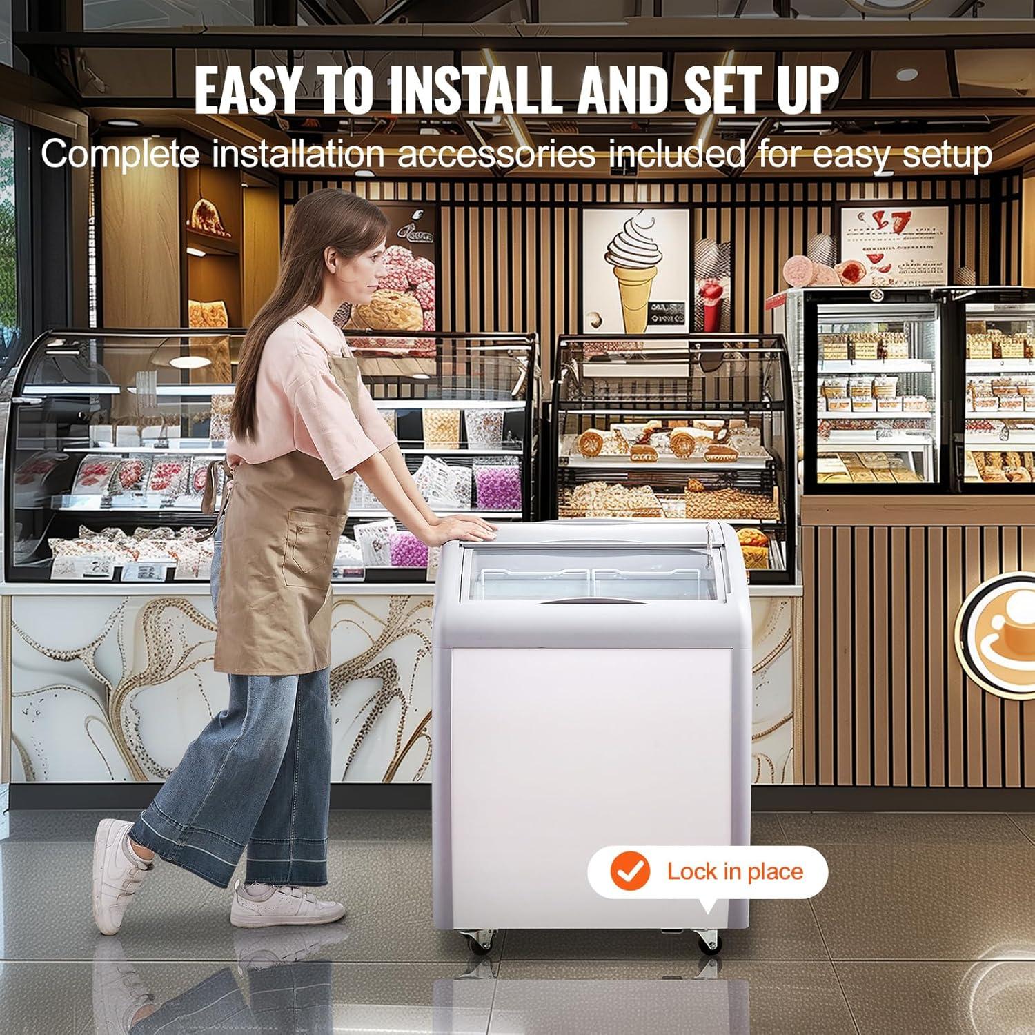 image:imageHappybuy 54 Cuft Commercial Ice Cream Display Case Gelato Chest Freezer Sliding Glass Doors Locking Casters 2 Wire Baskets Mobile Deep Freezer White