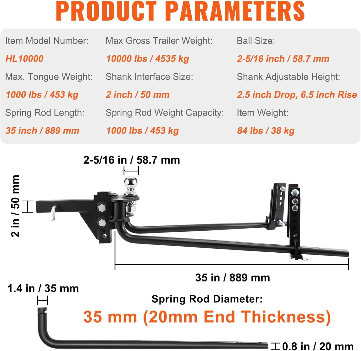 image:imageVEOVR Weight Distribution Hitch 1000 lbs Weight Distributing Hitches Kit with Sway Control for Trailer 2in Solid Steel Shank 2516 in Alloy Steel Ball Powder Coated Load Leveling Hitch Black1000lbs