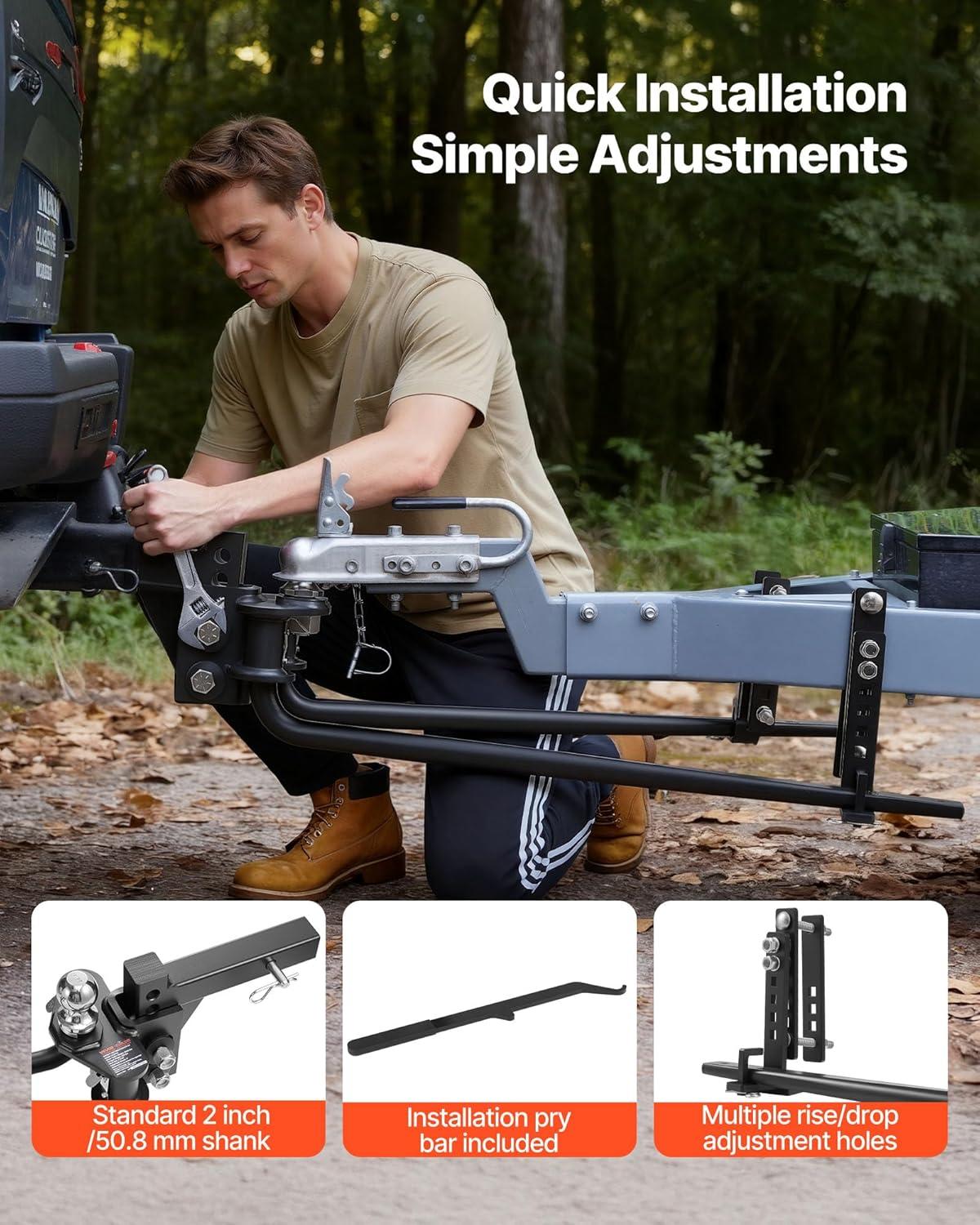 image:imageVEOVR Weight Distribution Hitch 1000 lbs Weight Distributing Hitches Kit with Sway Control for Trailer 2in Solid Steel Shank 2516 in Alloy Steel Ball Powder Coated Load Leveling Hitch Black1400lbs