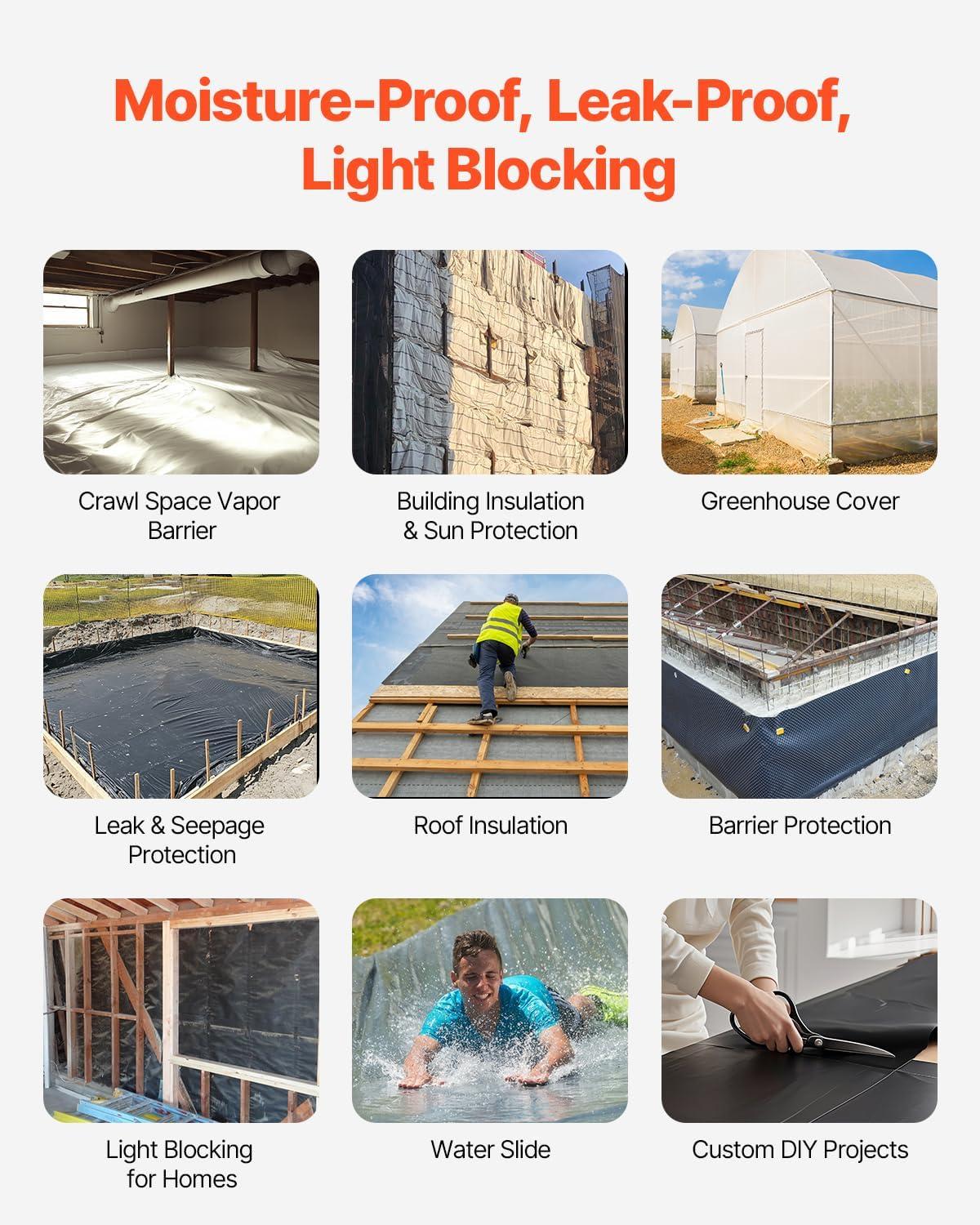 image:imageVEVOR 10 Mil Plastic Sheeting Heavy Duty 10 x 100 Thick Plastic Sheeting Roll Plastic Drop Cloth Painters Tarp Polyethylene Covering for Crawl Space Vapor Barrier MultiPurpose BlackBlackWhite