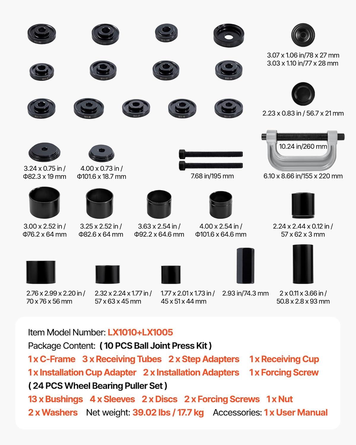 image:imageVEVOR 10pcs Ball Joint Press amp 24pcs Wheel Bearing Race and Seal Driver Set with 13 Bushings CFrame and Sleeves 2 in 1 Bearing Press Kit Heavy Duty Removal Installation SetBall Joint PressBearing Press