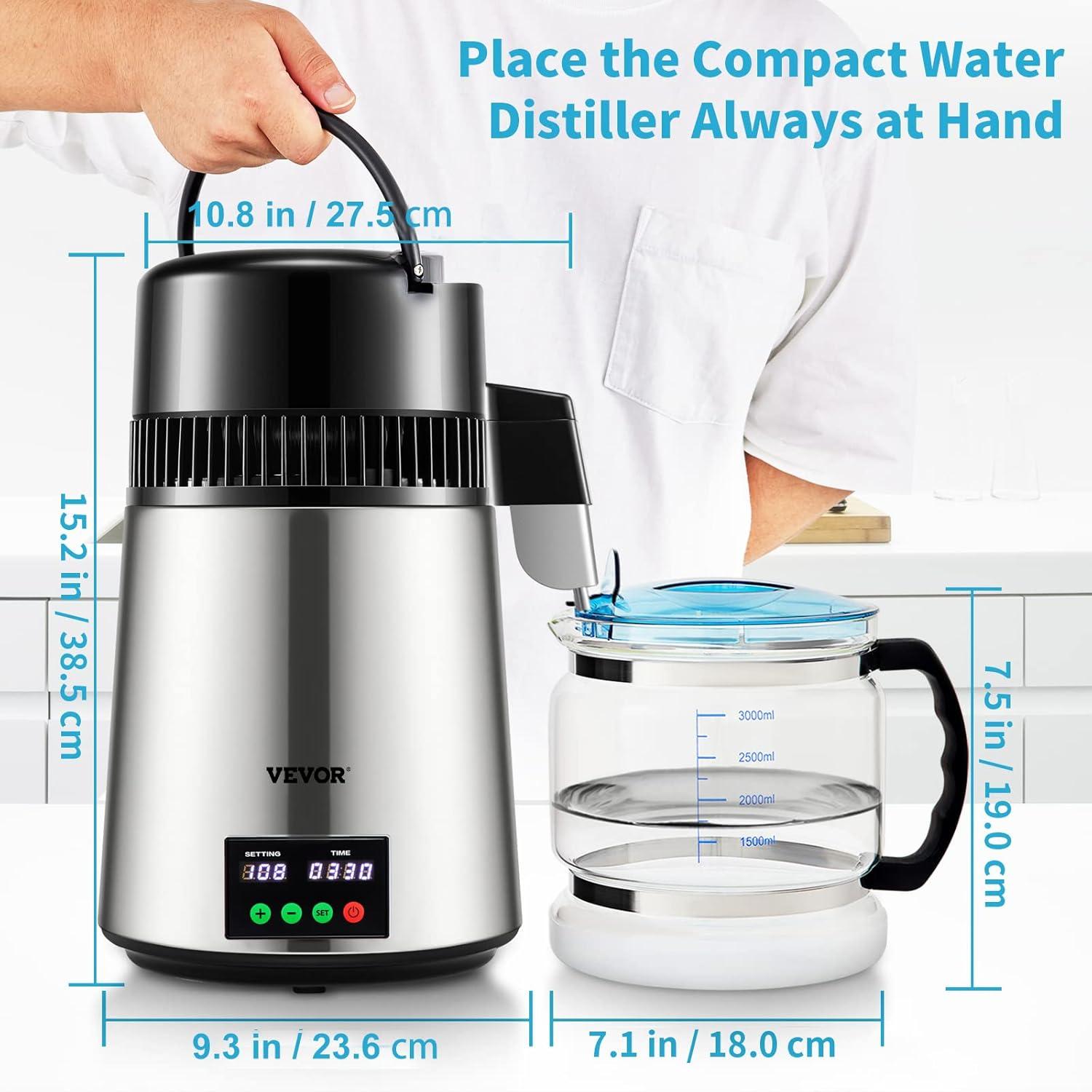 image:imageVEVOR 11 Gal Water Distiller 03 GalH Distilled Water Maker Machine 750W 099H Timing Set Temp Display 304 Stainless Steel Countertop Distiller Glass Carafe Cleaning Powder 3 Carbon Packs SilverSilver