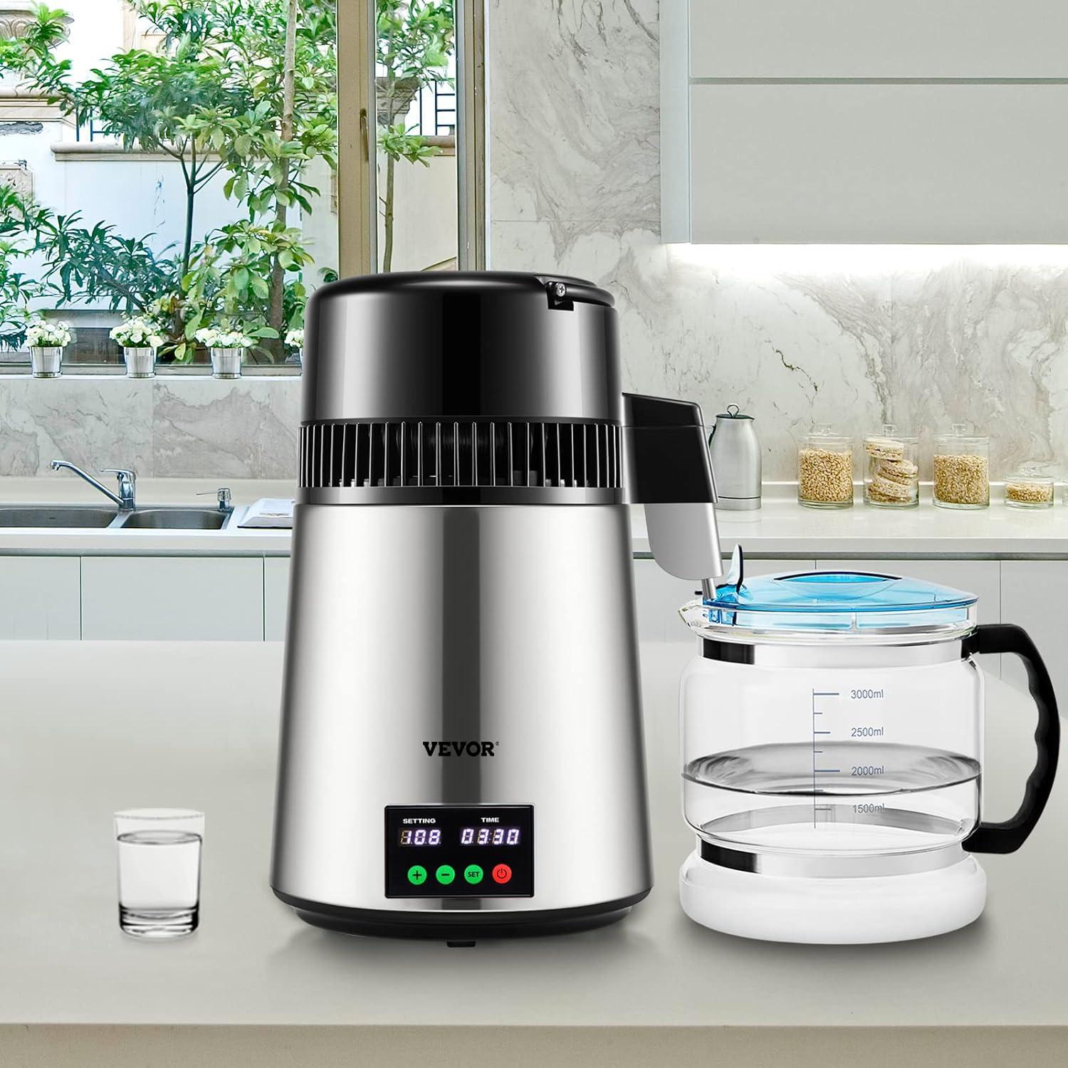 image:imageVEVOR 11 Gal Water Distiller 03 GalH Distilled Water Maker Machine 750W 099H Timing Set Temp Display 304 Stainless Steel Countertop Distiller Glass Carafe Cleaning Powder 3 Carbon Packs SilverSilver