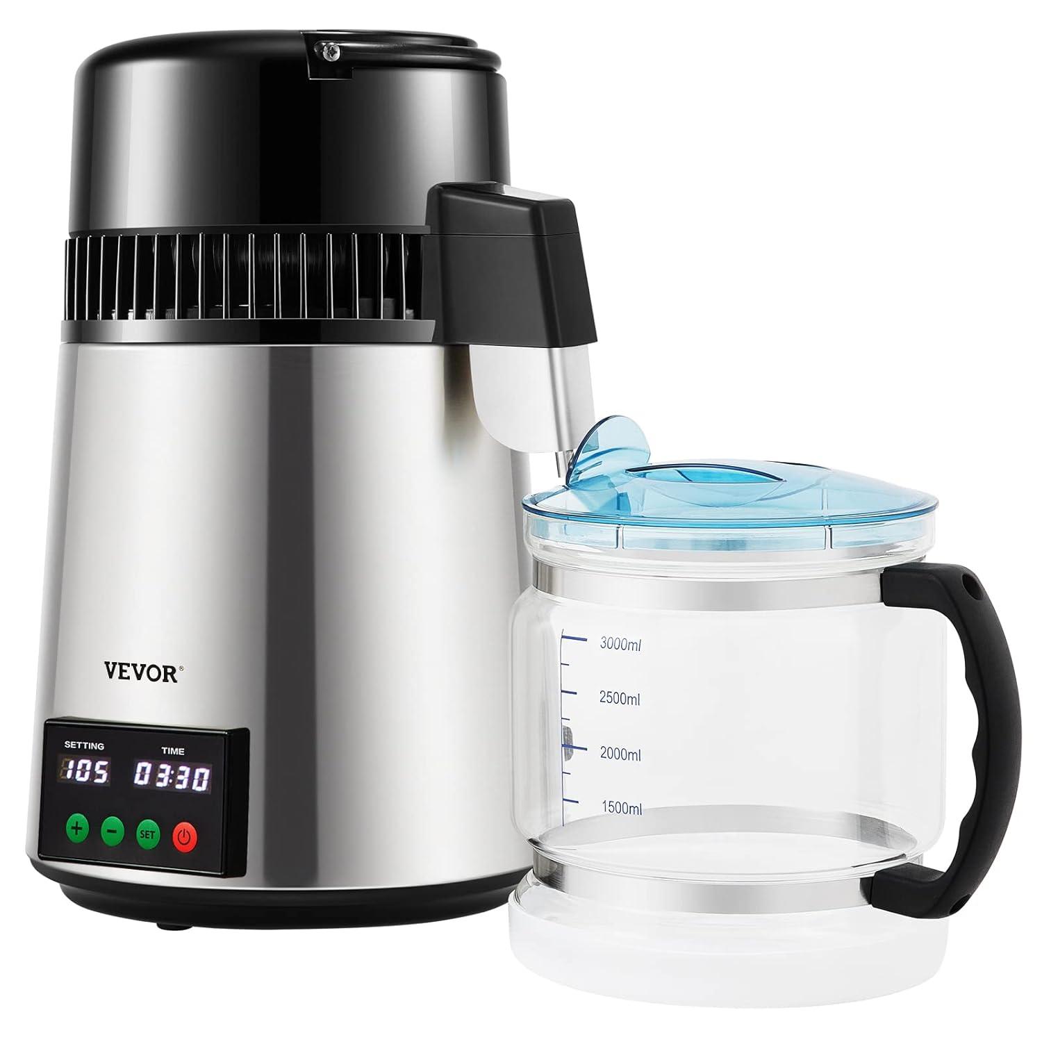image:imageVEVOR 11 Gal Water Distiller 03 GalH Distilled Water Maker Machine 750W 099H Timing Set Temp Display 304 Stainless Steel Countertop Distiller Glass Carafe Cleaning Powder 3 Carbon Packs SilverSilver