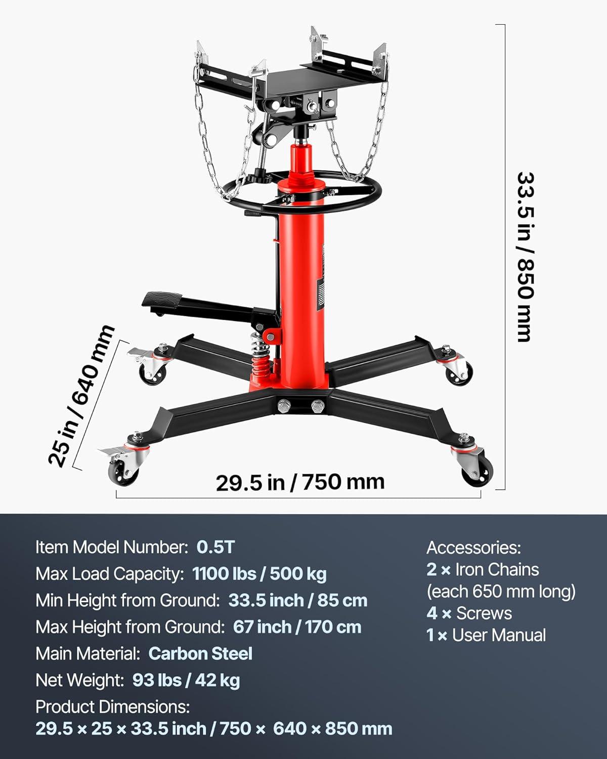 image:imageVEVOR 12Ton1100lbs Capacity Hydraulic Transmission Jack Car amp Truck Compatible 33567 Inch Lift Range 2Stage Jack Stand with Foot Pedal 360 Swivel Wheel RedTransmission Jack 1100lbs