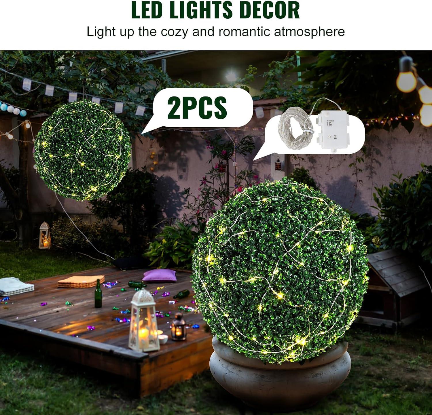 image:imageVEVOR 2 Pcs 20 Artificial Plant Topiary Ball Faux Boxwood Balls with 2 LED Light String AllYear Green Faux Plant Decorative Balls for Backyard BalconyGarden Wedding and Home Dcor20 Inchball