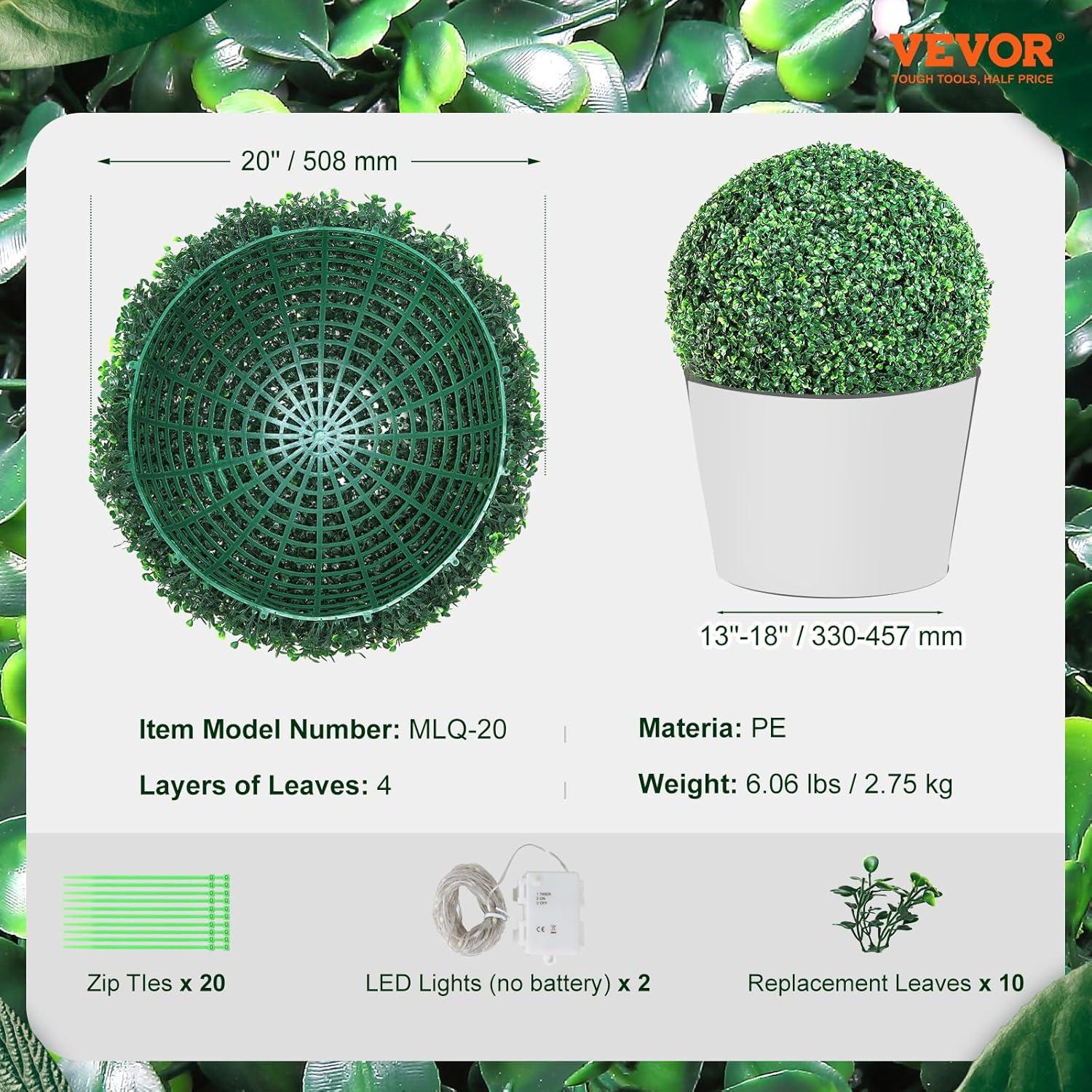 image:imageVEVOR 2 Pcs 20 Artificial Plant Topiary Ball Faux Boxwood Balls with 2 LED Light String AllYear Green Faux Plant Decorative Balls for Backyard BalconyGarden Wedding and Home Dcor20 Inchball