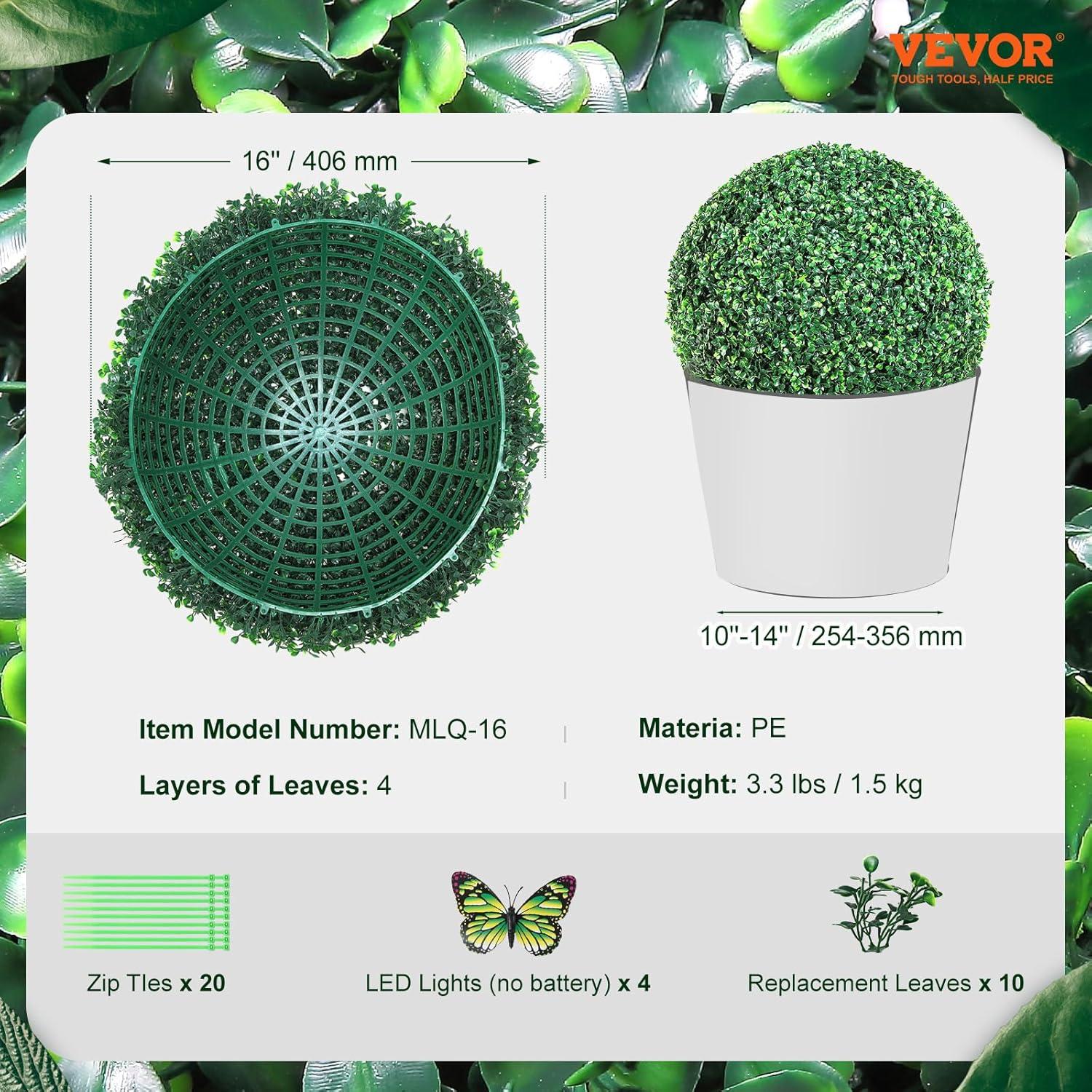 image:imageVEVOR 2 Pcs 20 Artificial Plant Topiary Ball Faux Boxwood Balls with 2 LED Light String AllYear Green Faux Plant Decorative Balls for Backyard BalconyGarden Wedding and Home Dcor16 Inchball