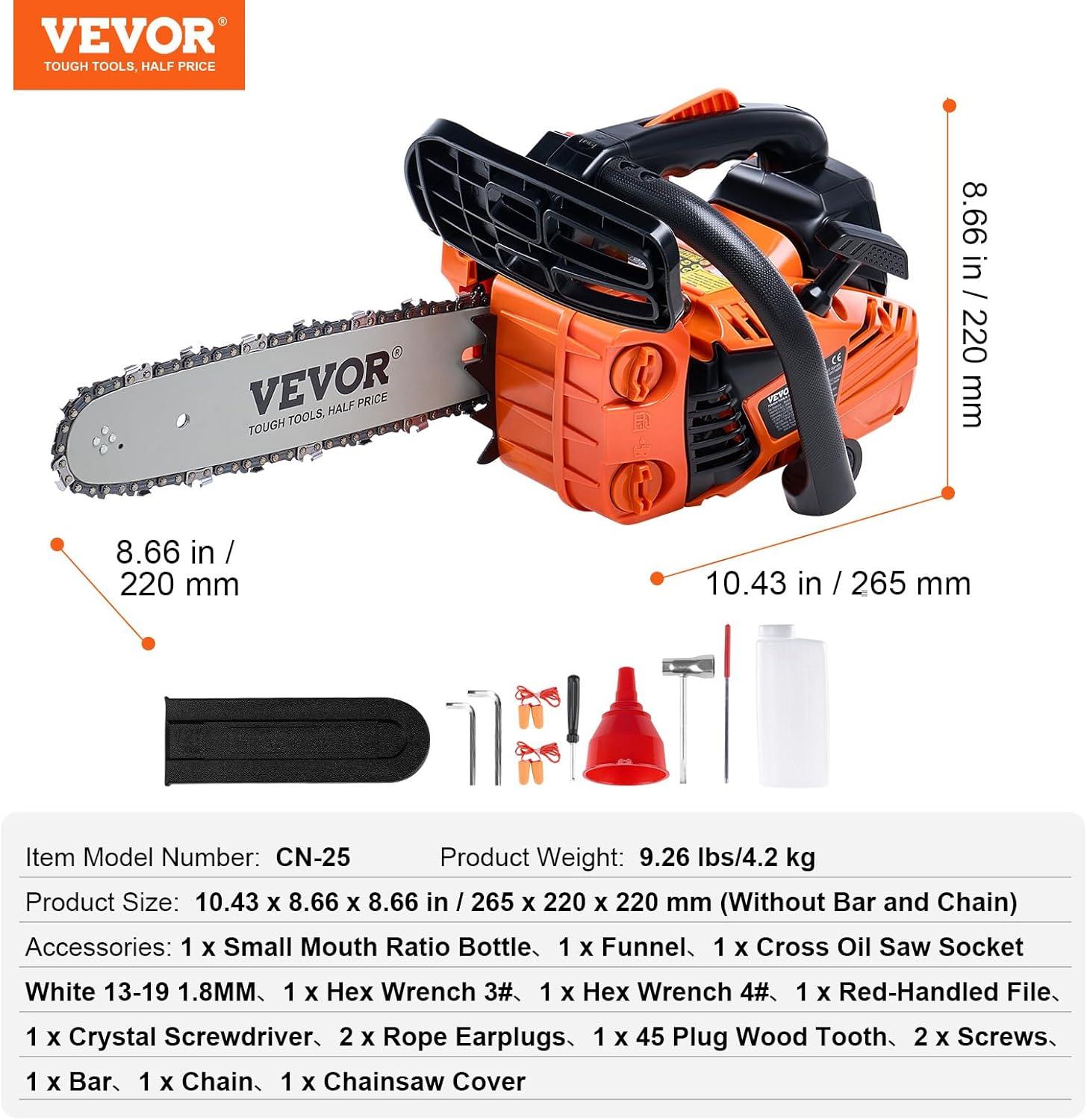 image:imageVEVOR 20inch 62CC Gas Powered Chainsaw 38 HP 2 Stroke Engine Gas Power Chainsaws with NonSlip Handle Gas Chainsaws with Dual Fuel Tanks For Wood Cutting Tree Trimming and Land Clearing254CC 12inch