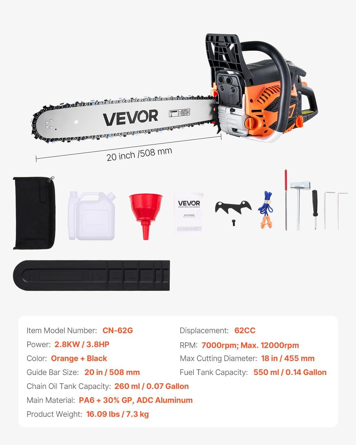image:imageVEVOR 20inch 62CC Gas Powered Chainsaw 38 HP 2 Stroke Engine Gas Power Chainsaws with NonSlip Handle Gas Chainsaws with Dual Fuel Tanks For Wood Cutting Tree Trimming and Land Clearing62CC 20inch