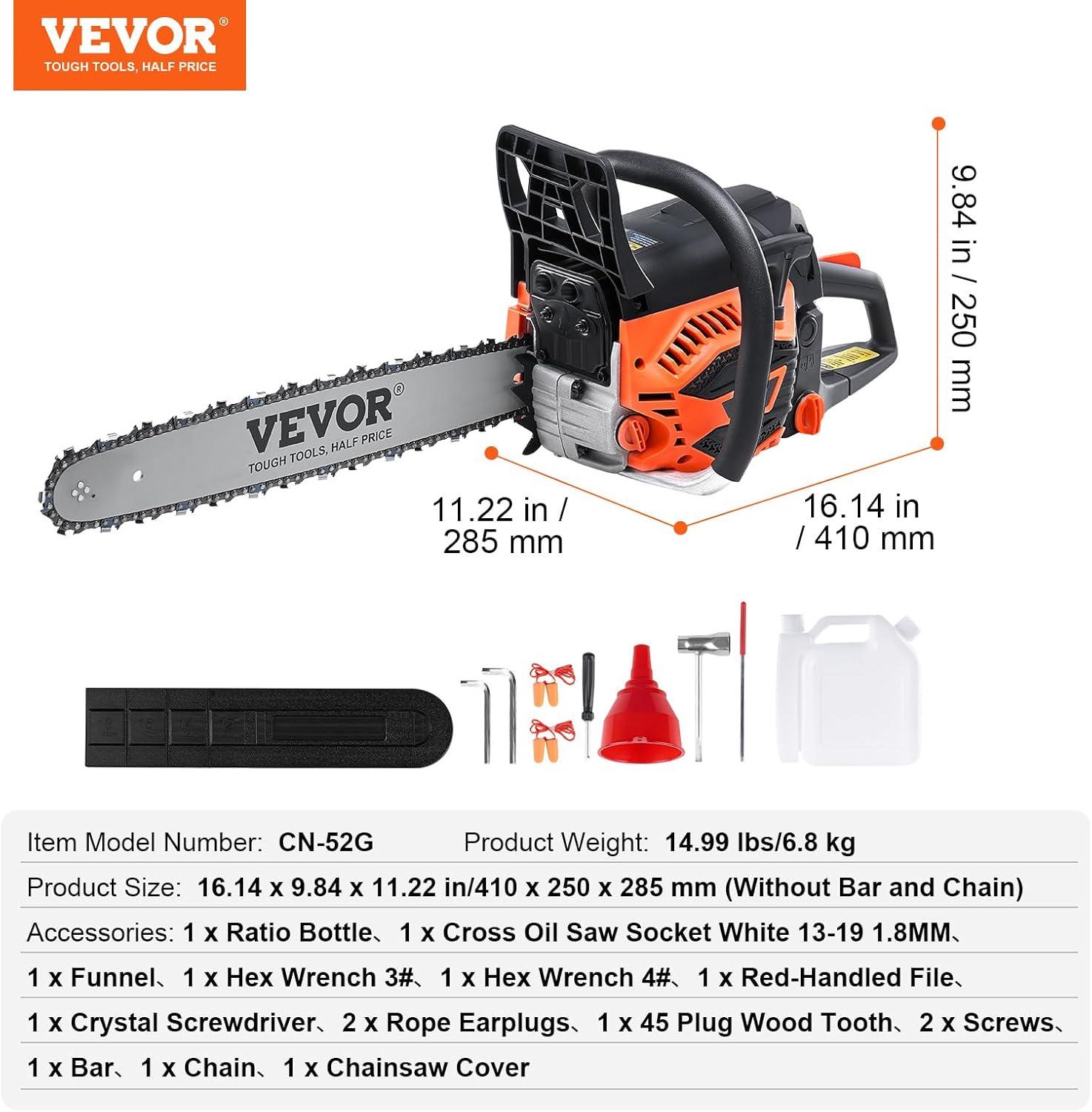 image:imageVEVOR 20inch 62CC Gas Powered Chainsaw 38 HP 2 Stroke Engine Gas Power Chainsaws with NonSlip Handle Gas Chainsaws with Dual Fuel Tanks For Wood Cutting Tree Trimming and Land Clearing52CC 18inch