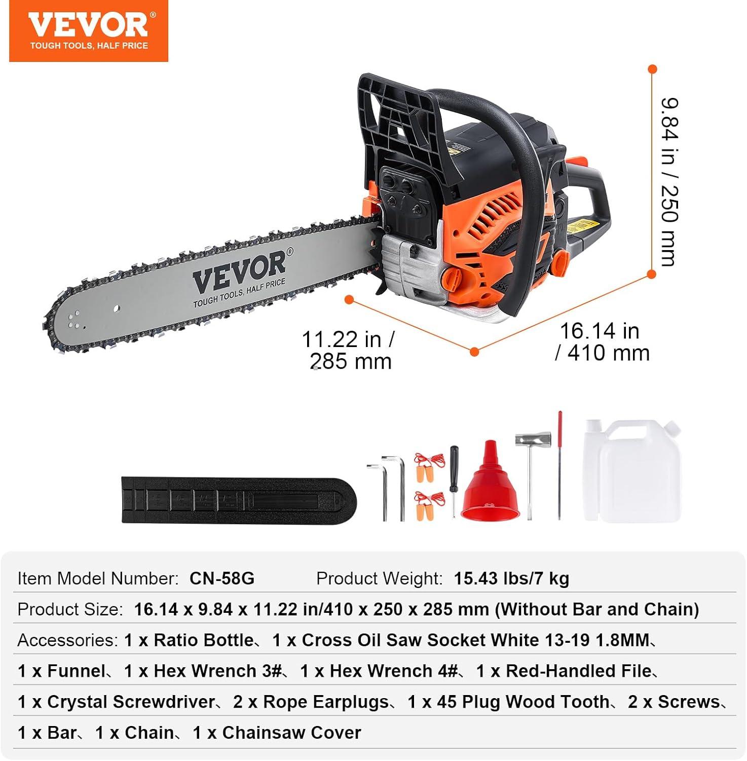 image:imageVEVOR 20inch 62CC Gas Powered Chainsaw 38 HP 2 Stroke Engine Gas Power Chainsaws with NonSlip Handle Gas Chainsaws with Dual Fuel Tanks For Wood Cutting Tree Trimming and Land Clearing58CC 20inch