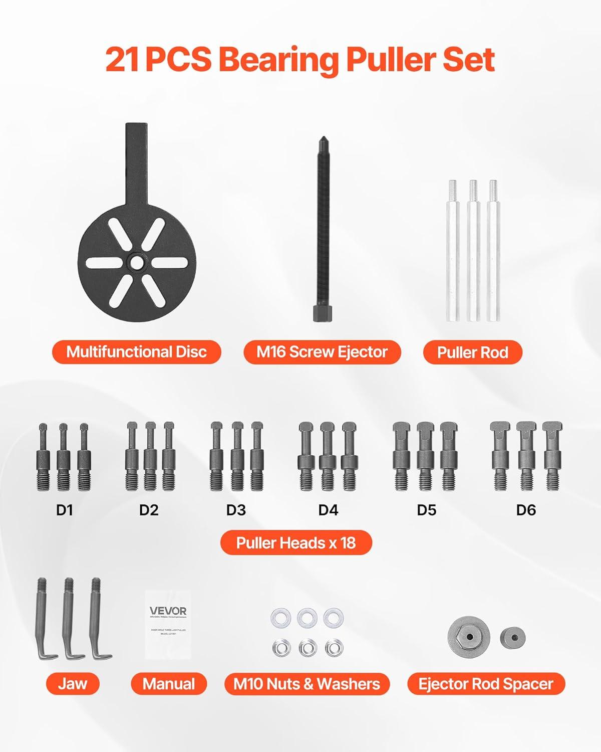 image:imageVEVOR 21in1 Bearing Puller Set 21 PCS 3Jaw Hook Puller for Internal External Bearings and Bearing Without Inner Shaft Multifunctional Bearing Removal Tool with Heavy Duty Portable Storage Case