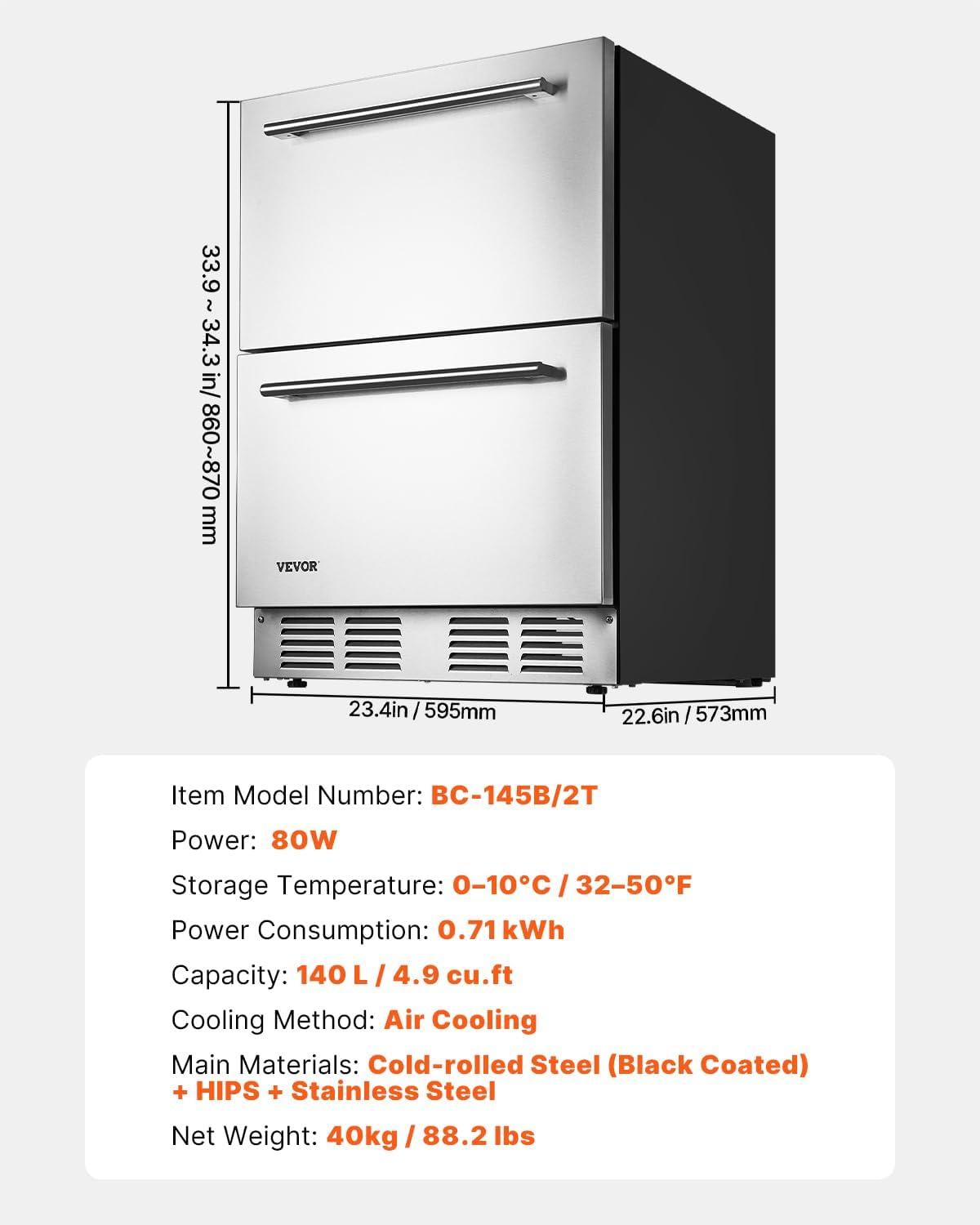 image:imageVEVOR 24 Inch Under Counter Drawer Refrigerator Stainless Steel Dual Drawer Fridge with Temperature Control Outdoor Refrigerator with Powerful Compressor amp LED Display Fit for Home Office etc