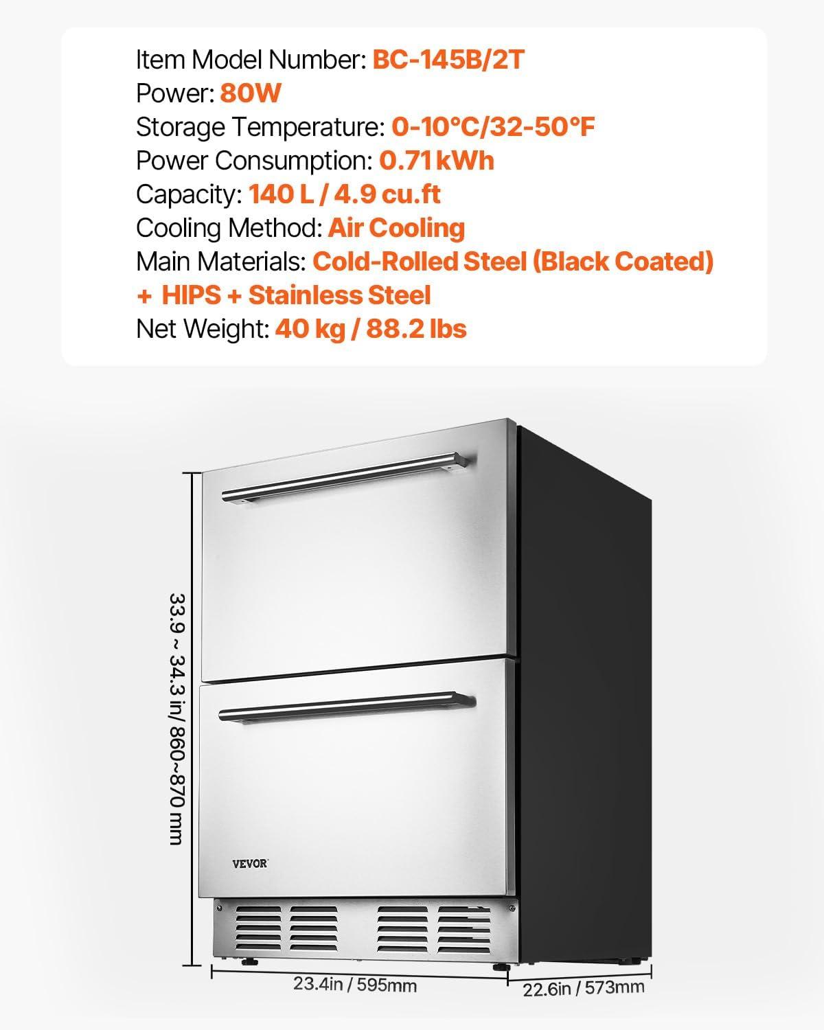 image:imageVEVOR 24 Inch Under Counter Drawer Refrigerator Stainless Steel Dual Drawer Fridge with Temperature Control Outdoor Refrigerator with Powerful Compressor amp LED Display Fit for Home Office etc