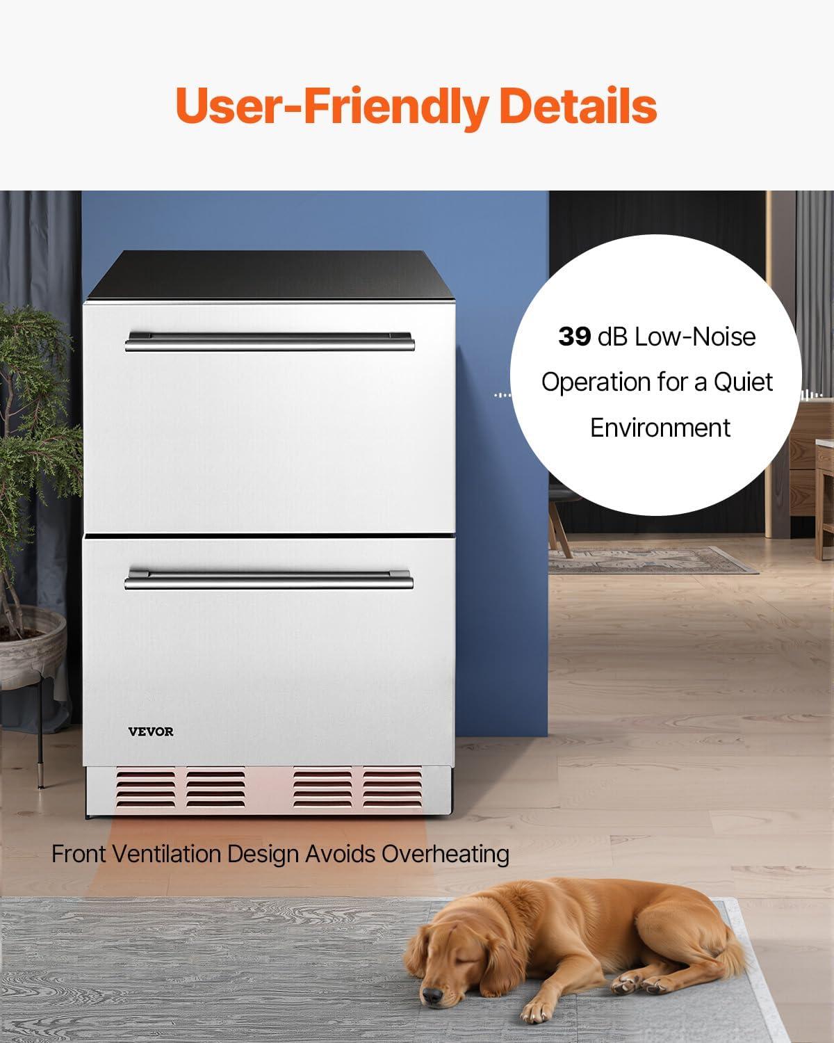 image:imageVEVOR 24 Inch Under Counter Drawer Refrigerator Stainless Steel Dual Drawer Fridge with Temperature Control Outdoor Refrigerator with Powerful Compressor amp LED Display Fit for Home Office etc