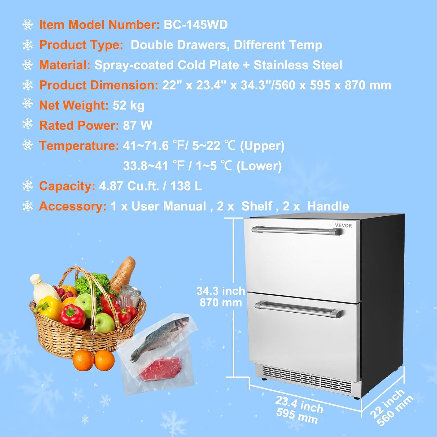image:imageVEVOR 24 Undercounter Refrigerator 2 Drawer Wine Refrigerator with Different Temperature 487 Cuft Capacity Waterproof Indoor and Outdoor Under Counter Drawer Fridge for Home and Commercial Use