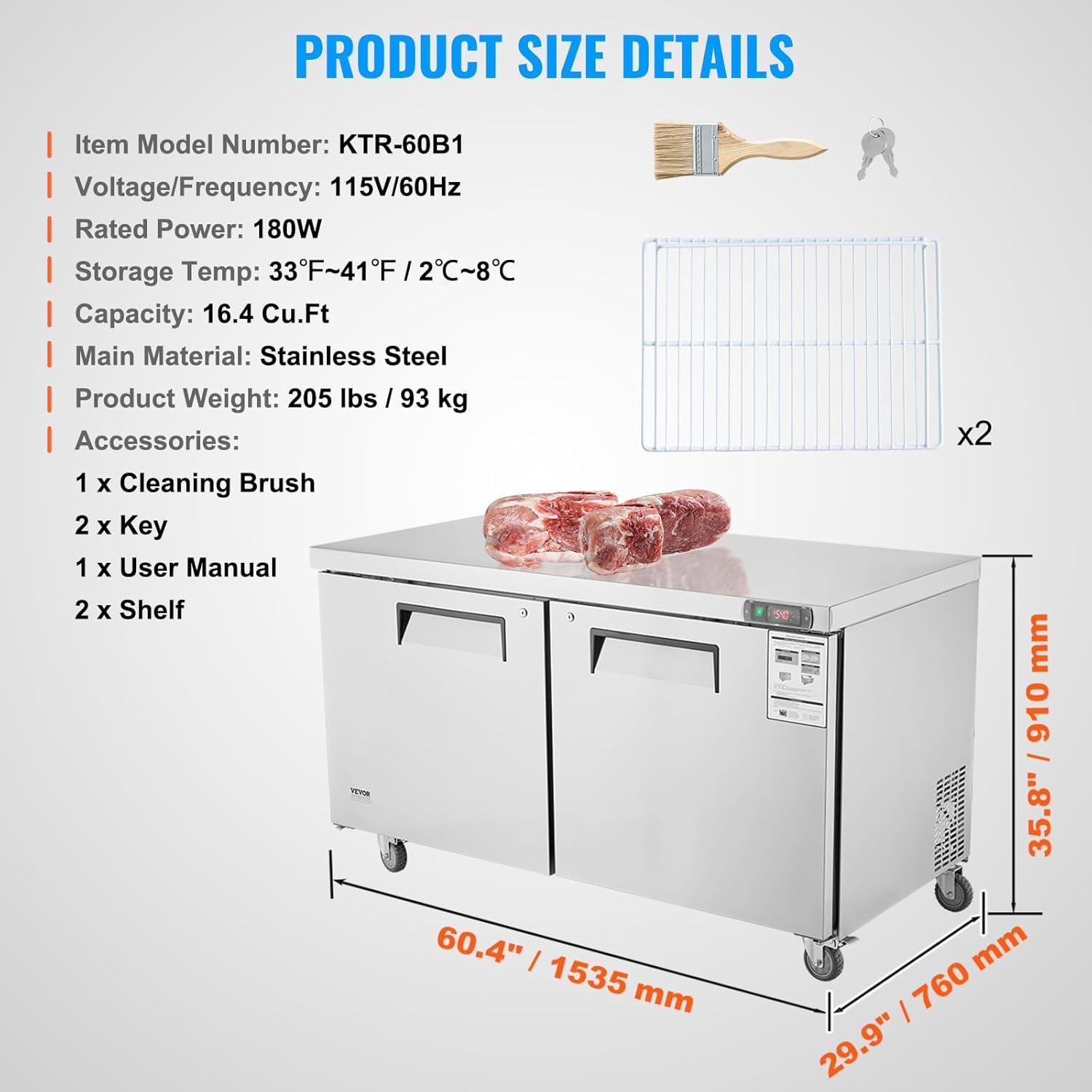 image:imageVEVOR 28 W Commercial Refrigerator Undercounter Worktop Refrigerator 74 Cu Ft Thick Stainless Steel Refrigerated Food Prep Station Fan Cooling Single Door Worktop Fridge with lock for Bar60W Worktop Refrigerator