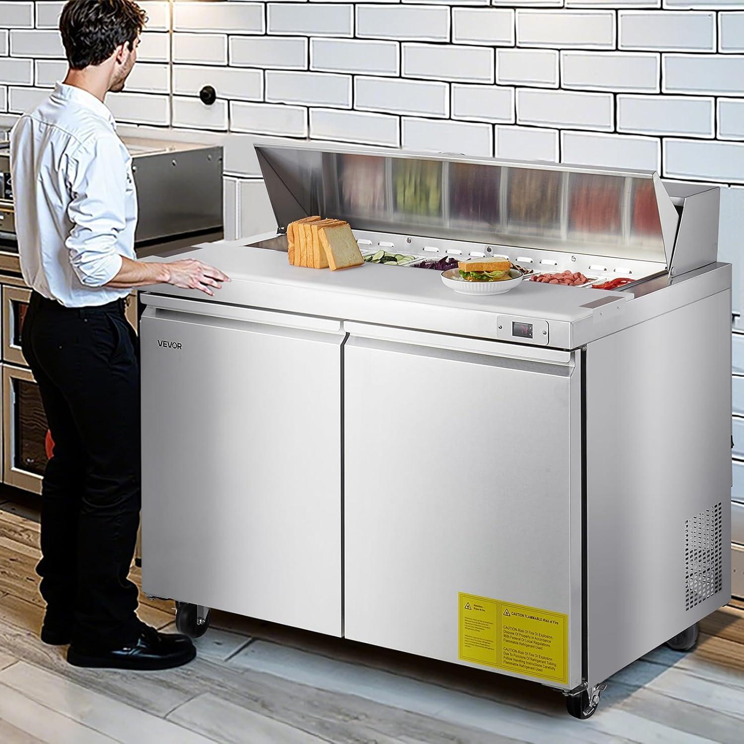 image:imageVEVOR 28 W Commercial Refrigerator Undercounter Worktop Refrigerator 74 Cu Ft Thick Stainless Steel Refrigerated Food Prep Station Fan Cooling Single Door Worktop Fridge with lock for Bar48W with 12 Pans