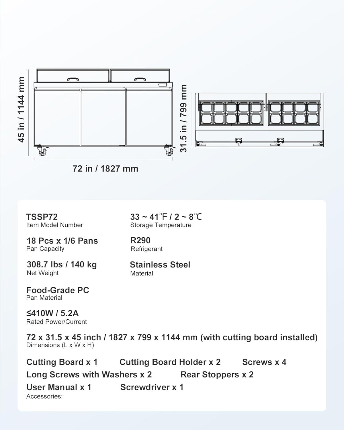 image:imageVEVOR 28 W Commercial Refrigerator Undercounter Worktop Refrigerator 74 Cu Ft Thick Stainless Steel Refrigerated Food Prep Station Fan Cooling Single Door Worktop Fridge with lock for Bar72W with 18 Pans