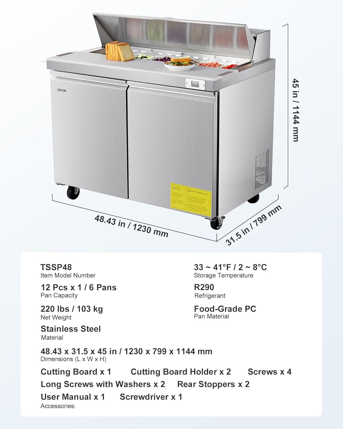 image:imageVEVOR 28 W Commercial Refrigerator Undercounter Worktop Refrigerator 74 Cu Ft Thick Stainless Steel Refrigerated Food Prep Station Fan Cooling Single Door Worktop Fridge with lock for Bar48W with 12 Pans