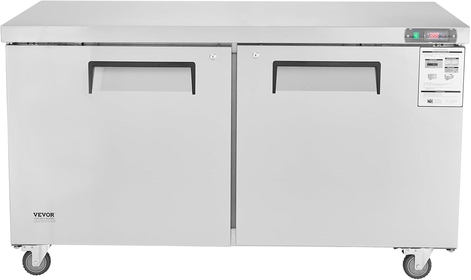 image:imageVEVOR 28 W Commercial Refrigerator Undercounter Worktop Refrigerator 74 Cu Ft Thick Stainless Steel Refrigerated Food Prep Station Fan Cooling Single Door Worktop Fridge with lock for Bar60W Worktop Refrigerator