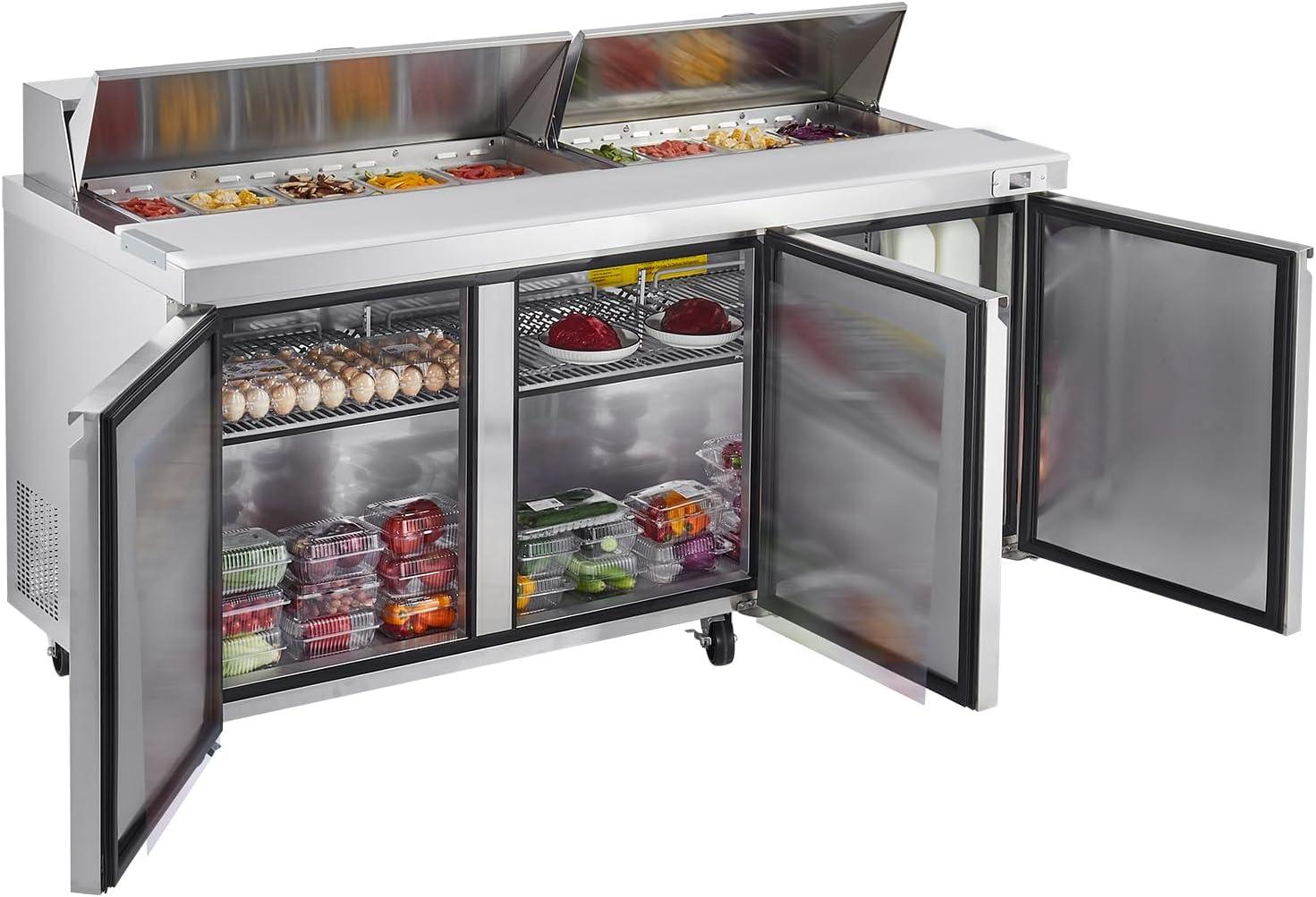 image:imageVEVOR 28 W Commercial Refrigerator Undercounter Worktop Refrigerator 74 Cu Ft Thick Stainless Steel Refrigerated Food Prep Station Fan Cooling Single Door Worktop Fridge with lock for Bar72W with 18 Pans