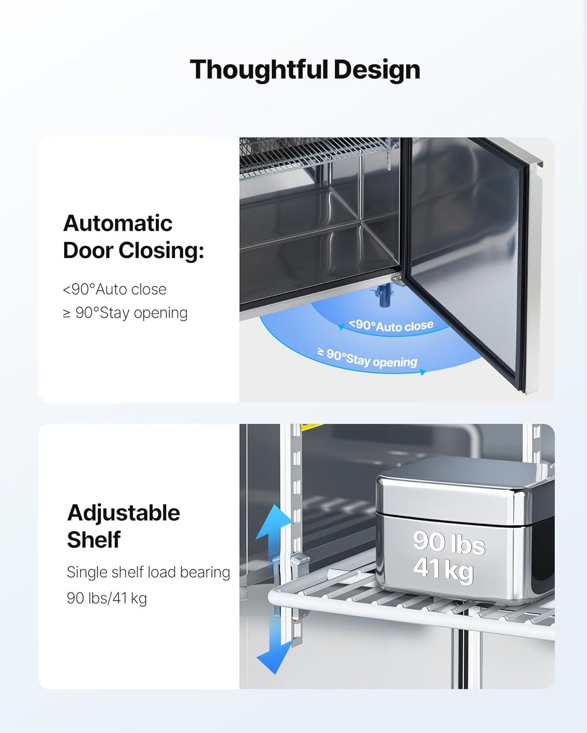 image:imageVEVOR 28 W Commercial Refrigerator Undercounter Worktop Refrigerator 74 Cu Ft Thick Stainless Steel Refrigerated Food Prep Station Fan Cooling Single Door Worktop Fridge with lock for Bar48W with 12 Pans