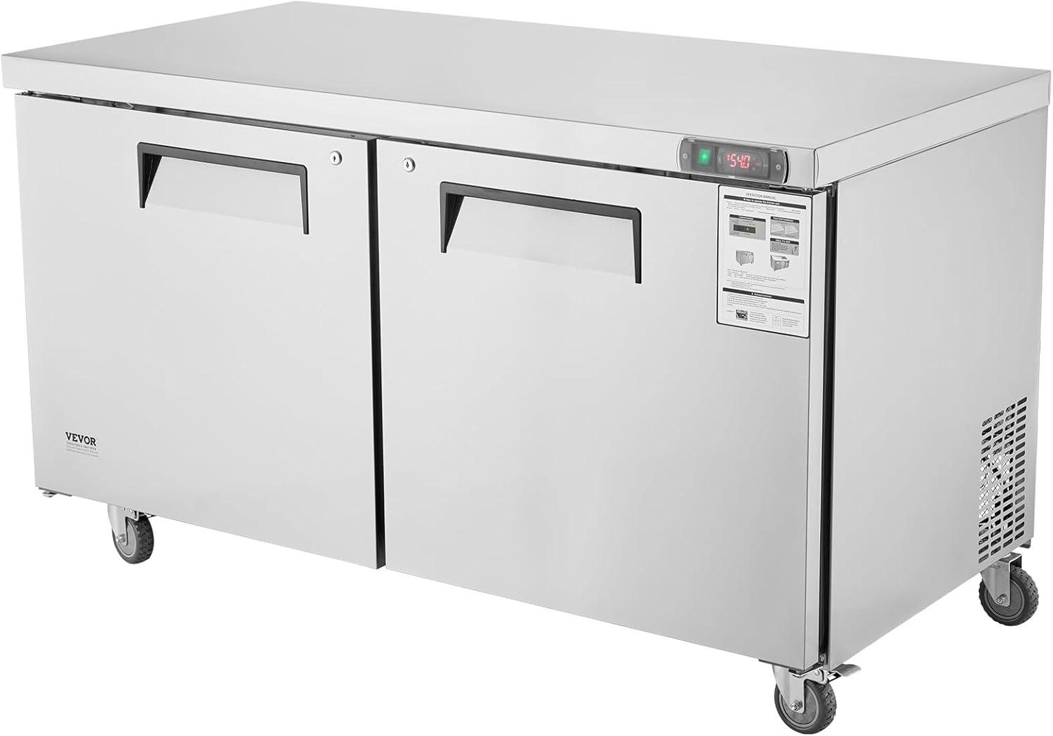 image:imageVEVOR 28 W Commercial Refrigerator Undercounter Worktop Refrigerator 74 Cu Ft Thick Stainless Steel Refrigerated Food Prep Station Fan Cooling Single Door Worktop Fridge with lock for Bar60W Worktop Refrigerator