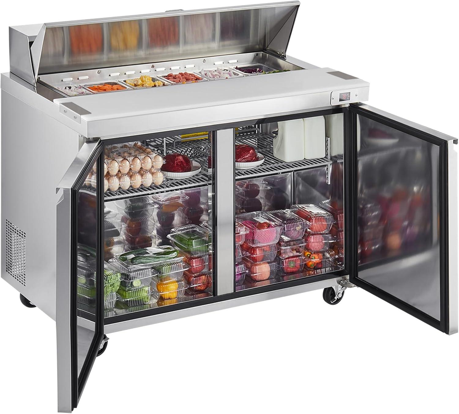 image:imageVEVOR 28 W Commercial Refrigerator Undercounter Worktop Refrigerator 74 Cu Ft Thick Stainless Steel Refrigerated Food Prep Station Fan Cooling Single Door Worktop Fridge with lock for Bar48W with 12 Pans
