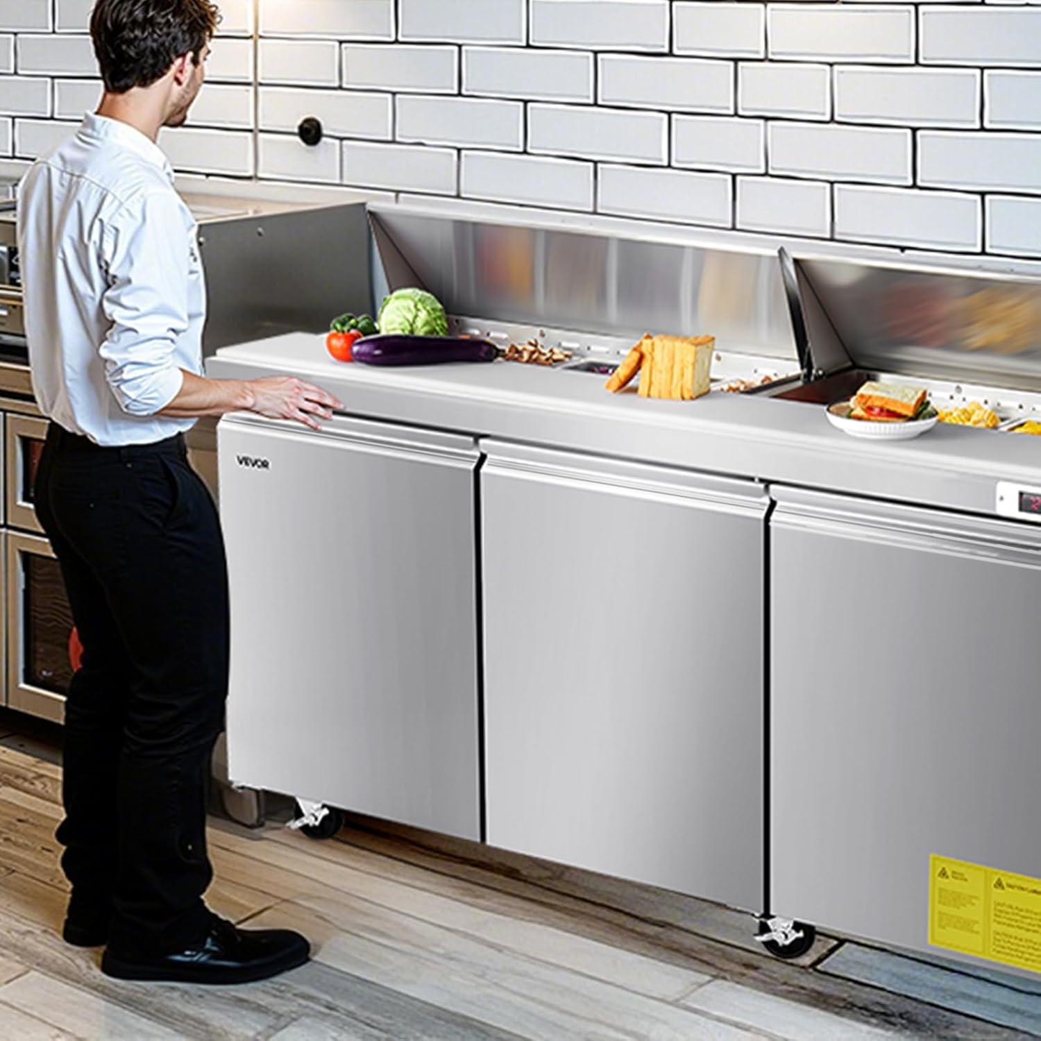 image:imageVEVOR 28 W Commercial Refrigerator Undercounter Worktop Refrigerator 74 Cu Ft Thick Stainless Steel Refrigerated Food Prep Station Fan Cooling Single Door Worktop Fridge with lock for Bar72W with 18 Pans