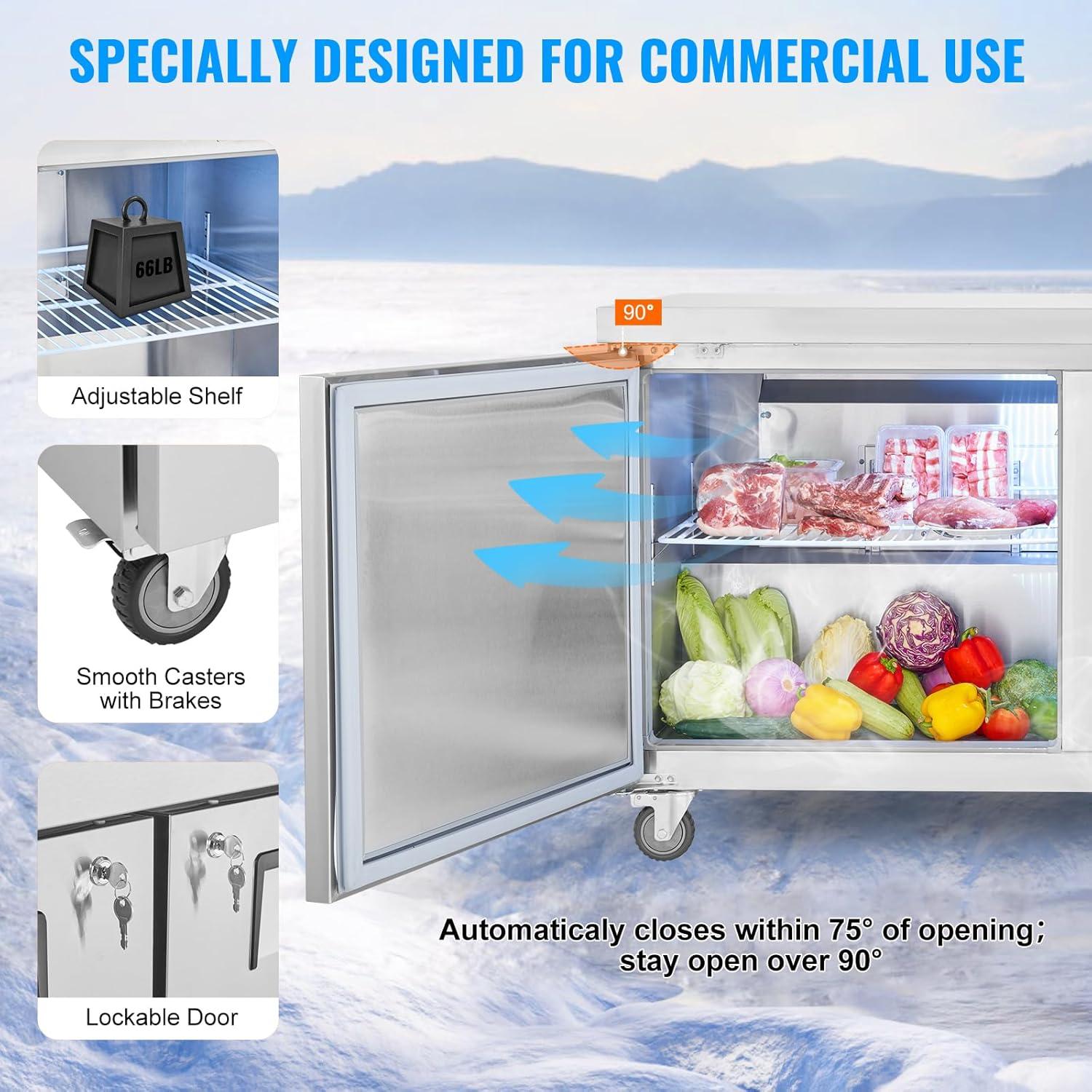 image:imageVEVOR 28 W Commercial Refrigerator Undercounter Worktop Refrigerator 74 Cu Ft Thick Stainless Steel Refrigerated Food Prep Station Fan Cooling Single Door Worktop Fridge with lock for Bar60W Worktop Refrigerator