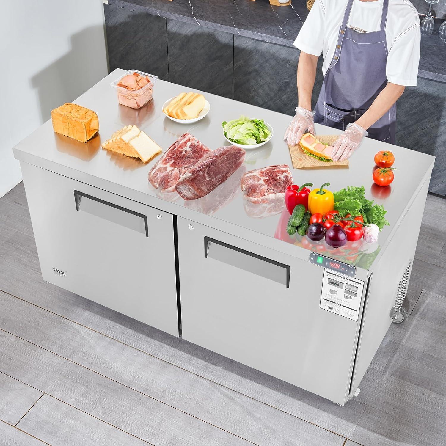 image:imageVEVOR 28 W Commercial Refrigerator Undercounter Worktop Refrigerator 74 Cu Ft Thick Stainless Steel Refrigerated Food Prep Station Fan Cooling Single Door Worktop Fridge with lock for Bar60W Worktop Refrigerator