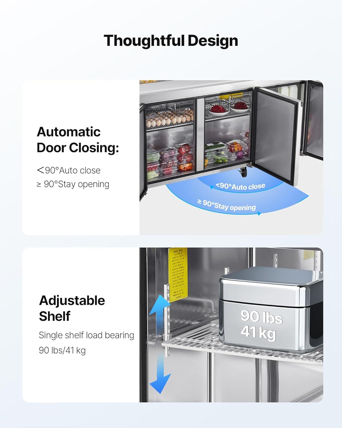 image:imageVEVOR 28 W Commercial Refrigerator Undercounter Worktop Refrigerator 74 Cu Ft Thick Stainless Steel Refrigerated Food Prep Station Fan Cooling Single Door Worktop Fridge with lock for Bar72W with 18 Pans