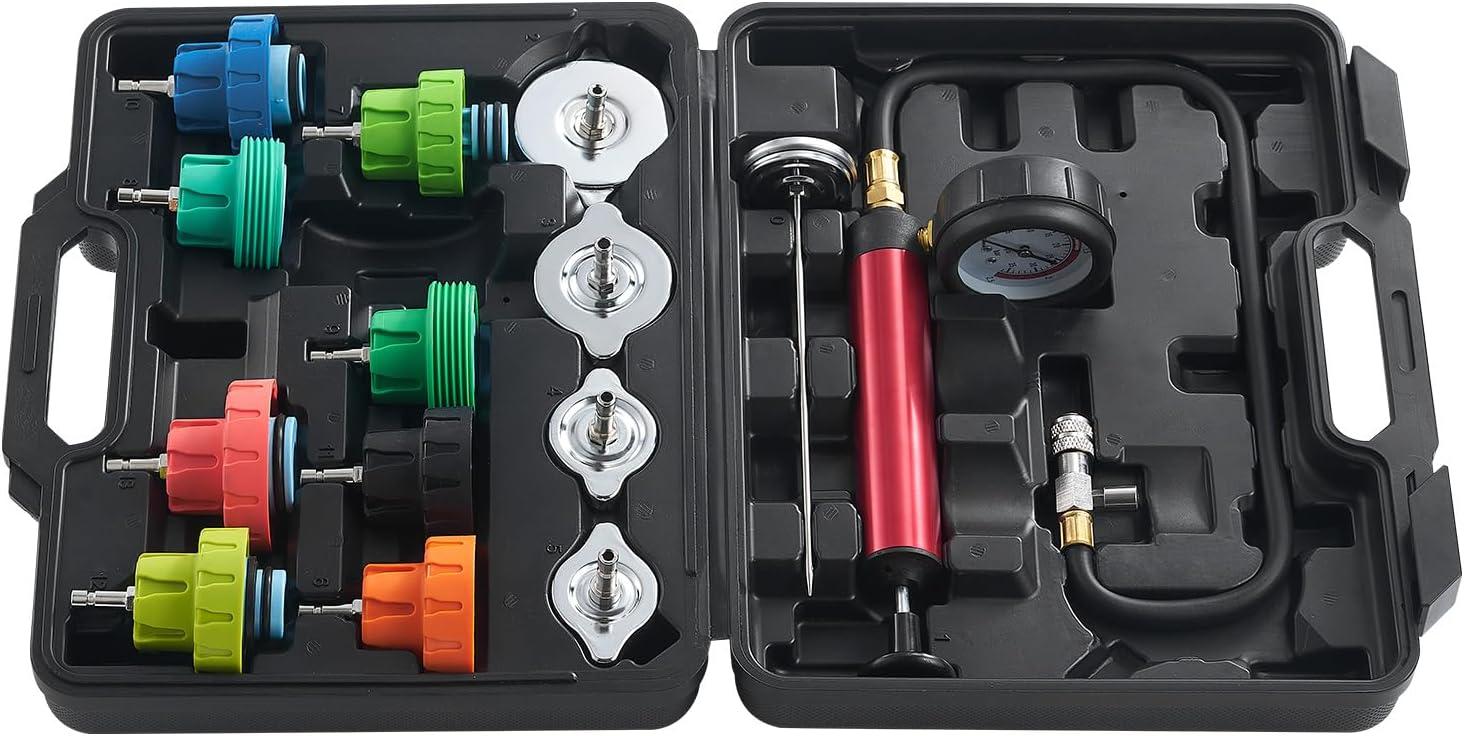 image:imageVEVOR 28 pcs Universal Radiator Pressure Tester Kit Coolant Pressure Tester Kit with Manual Pump and ColorCoded Test Caps Coolant Vacuum Refill kit for Cars Motorcycles Trucks Cooling System14pcs