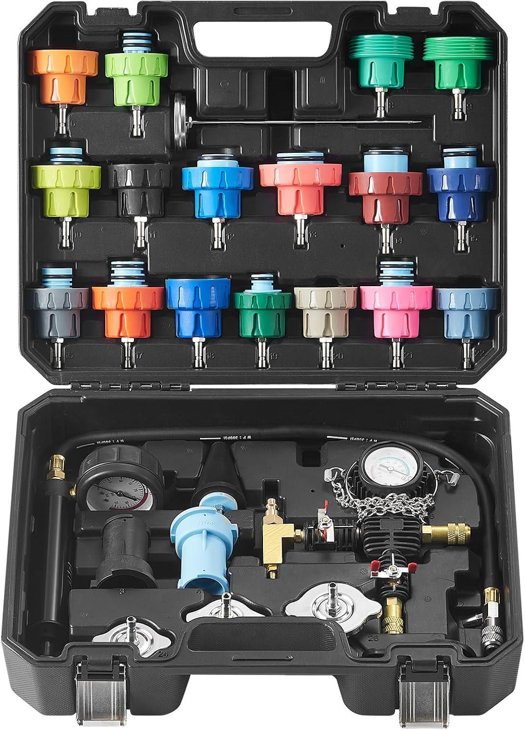 image:imageVEVOR 28 pcs Universal Radiator Pressure Tester Kit Coolant Pressure Tester Kit with Manual Pump and ColorCoded Test Caps Coolant Vacuum Refill kit for Cars Motorcycles Trucks Cooling System28pcs