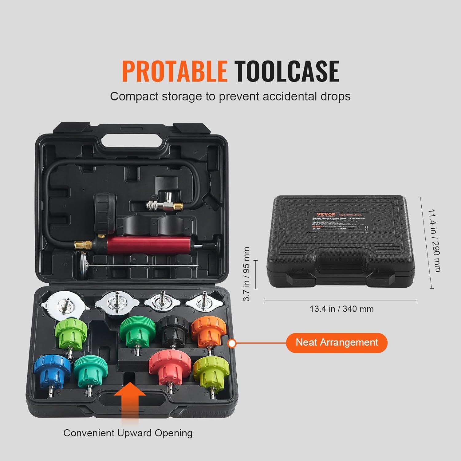 image:imageVEVOR 28 pcs Universal Radiator Pressure Tester Kit Coolant Pressure Tester Kit with Manual Pump and ColorCoded Test Caps Coolant Vacuum Refill kit for Cars Motorcycles Trucks Cooling System14pcs