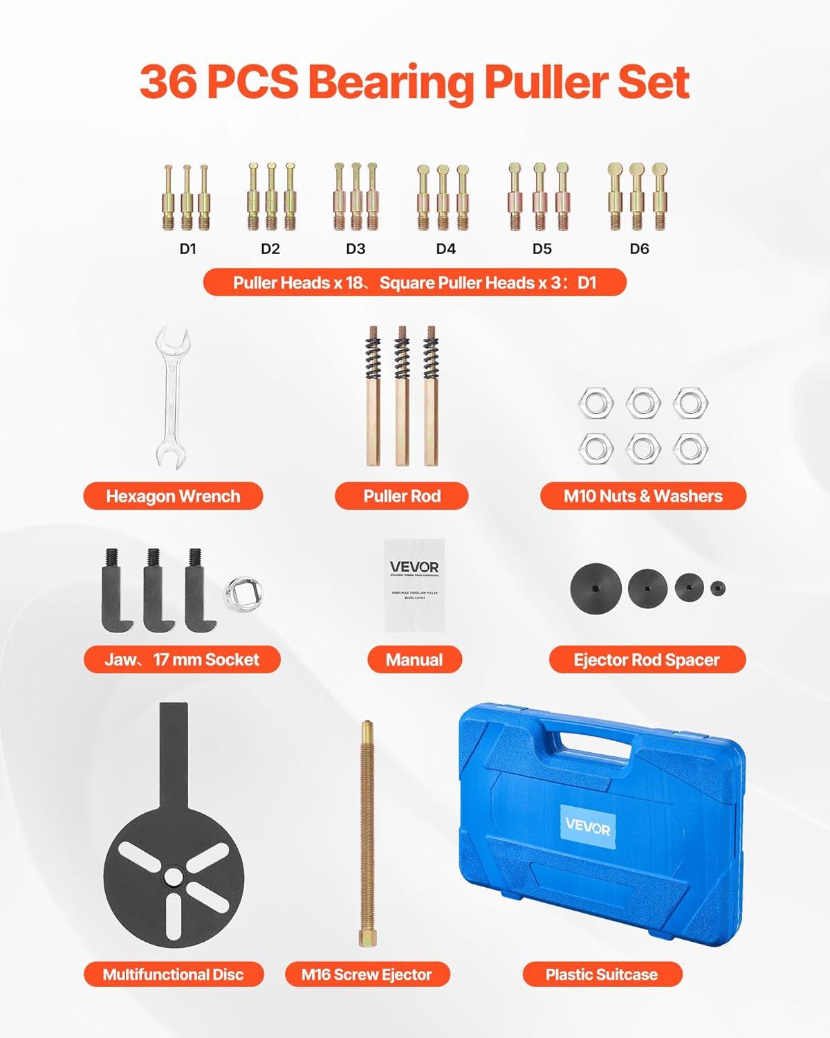 image:imageVEVOR 36in1 Bearing Puller Set 36 PCS 3Jaw Hook Puller for Internal External Bearings and Bearing Without Inner Shaft Multifunctional Bearing Removal Tool with Heavy Duty Portable Storage Case