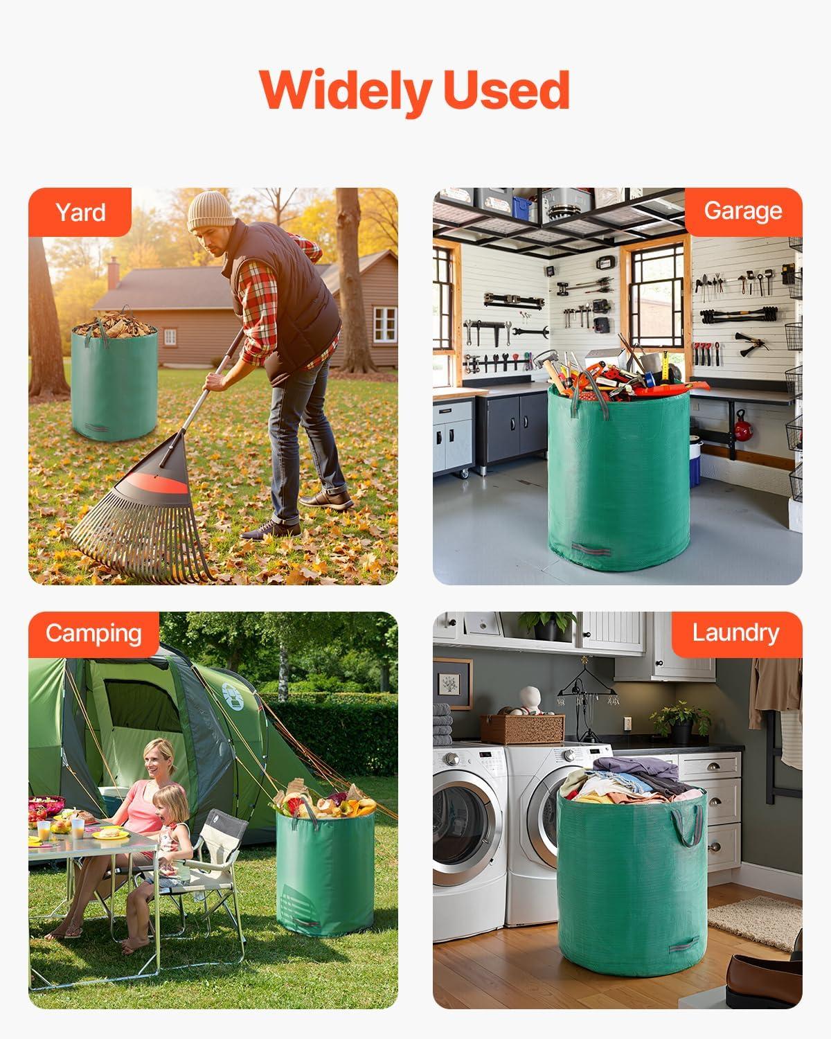 image:imageVEVOR 3Pack 72 Gallon Reusable Yard Waste Bag Large Lawn Garden Bags Heavy Duty Collapsible Garden Leaf Trash Container StandUp Grass Clipping Bin with Reinforcement Ring and Handles 264x30 in