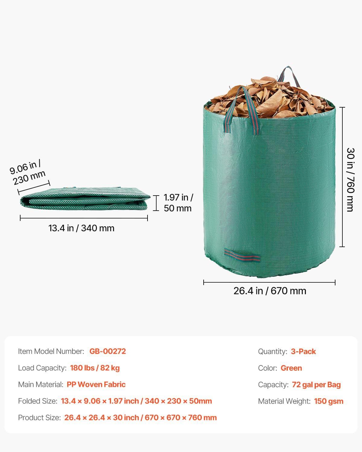 image:imageVEVOR 3Pack 72 Gallon Reusable Yard Waste Bag Large Lawn Garden Bags Heavy Duty Collapsible Garden Leaf Trash Container StandUp Grass Clipping Bin with Reinforcement Ring and Handles 264x30 in
