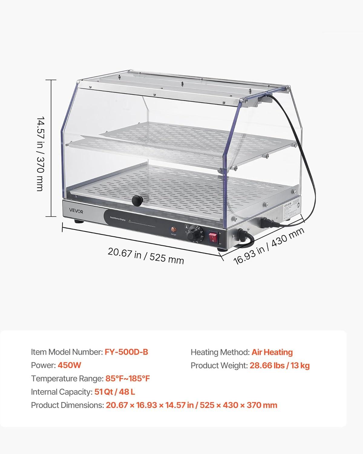 image:imageVEVOR 3Tier Commercial Food Warmer Display 800W Food Display Warmer with Light to Enhance Food Display 86185 Temperature Control 90L Large Capacity for Hamburger Pizza Bread Fried Chicken2Tier51Qt