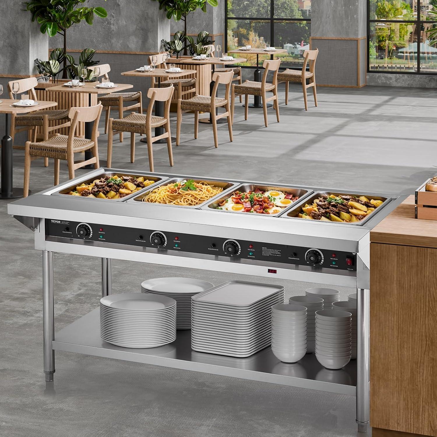 image:imageVEVOR 4Pan Commercial Food Warmer Electric Steam Table with Independent Temperature Control 450W x 4 Stainless Steel Buffet Catering Food Warmer with Undershelf and Workspace for Restaurant4x11Pan 96 Qt