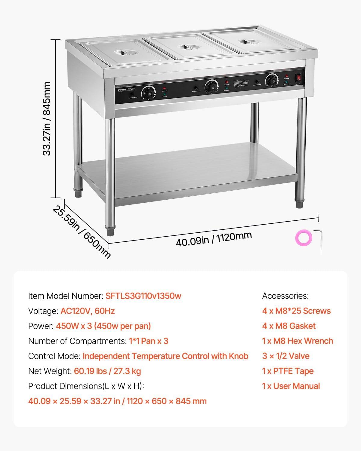 image:imageVEVOR 4Pan Commercial Food Warmer Electric Steam Table with Independent Temperature Control 450W x 4 Stainless Steel Buffet Catering Food Warmer with Undershelf and Workspace for Restaurant3x11Pan 72 Qt