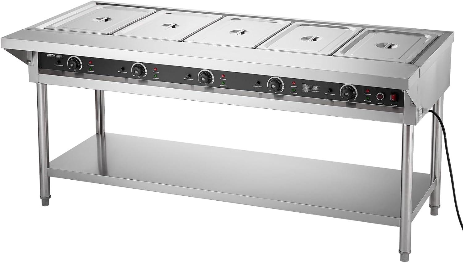 image:imageVEVOR 4Pan Commercial Food Warmer Electric Steam Table with Independent Temperature Control 450W x 4 Stainless Steel Buffet Catering Food Warmer with Undershelf and Workspace for Restaurant5x11Pan 120 Qt