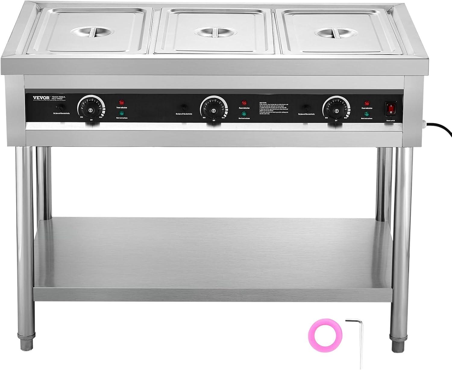 image:imageVEVOR 4Pan Commercial Food Warmer Electric Steam Table with Independent Temperature Control 450W x 4 Stainless Steel Buffet Catering Food Warmer with Undershelf and Workspace for Restaurant3x11Pan 72 Qt