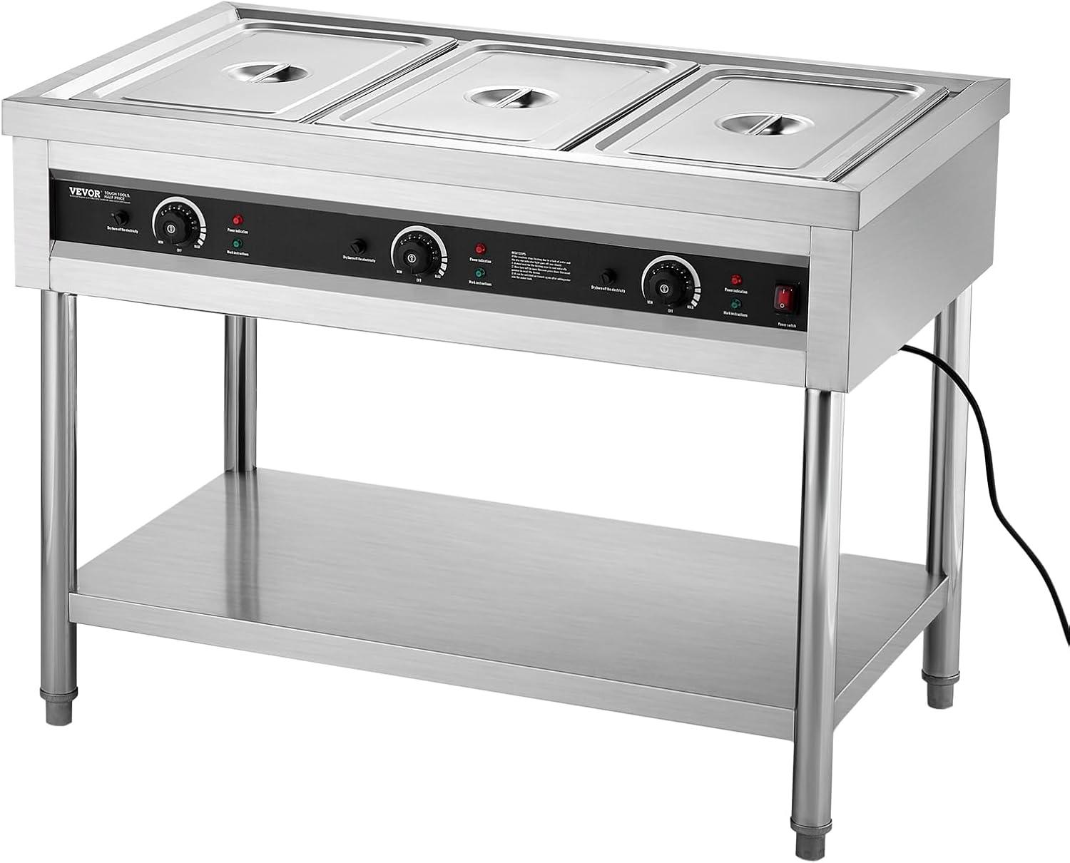 image:imageVEVOR 4Pan Commercial Food Warmer Electric Steam Table with Independent Temperature Control 450W x 4 Stainless Steel Buffet Catering Food Warmer with Undershelf and Workspace for Restaurant3x11Pan 72 Qt