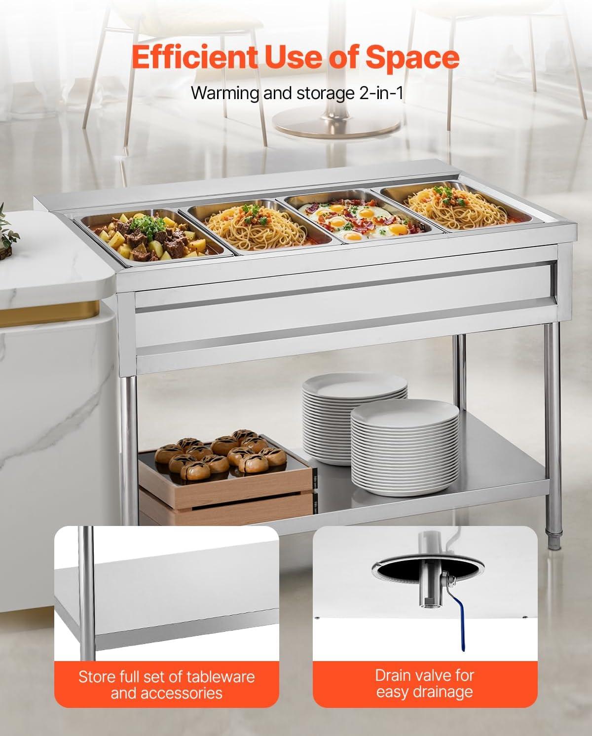 image:imageVEVOR 4Pan Commercial Food Warmer Electric Steam Table with Independent Temperature Control 450W x 4 Stainless Steel Buffet Catering Food Warmer with Undershelf and Workspace for Restaurant4x11Pan 96 Qt