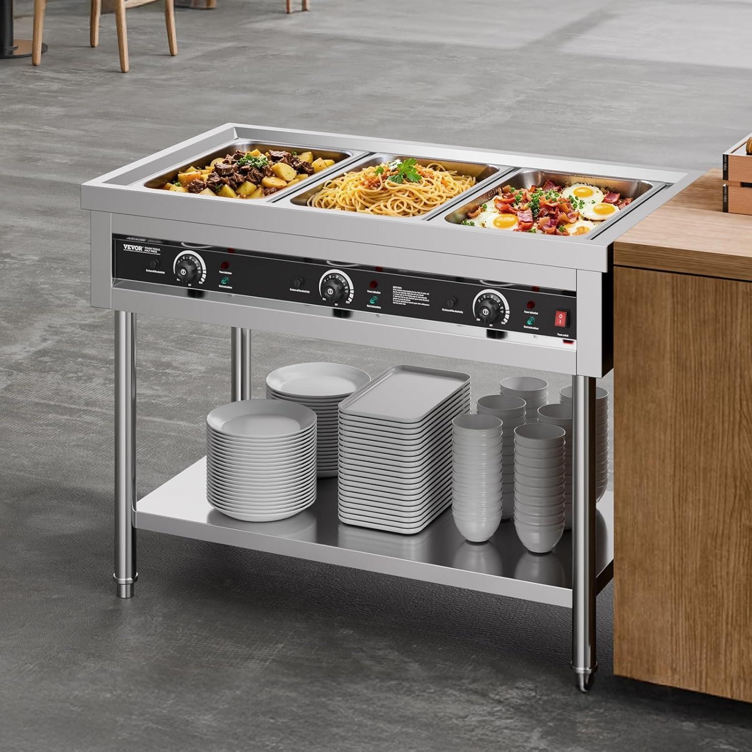 image:imageVEVOR 4Pan Commercial Food Warmer Electric Steam Table with Independent Temperature Control 450W x 4 Stainless Steel Buffet Catering Food Warmer with Undershelf and Workspace for Restaurant3x11Pan 72 Qt