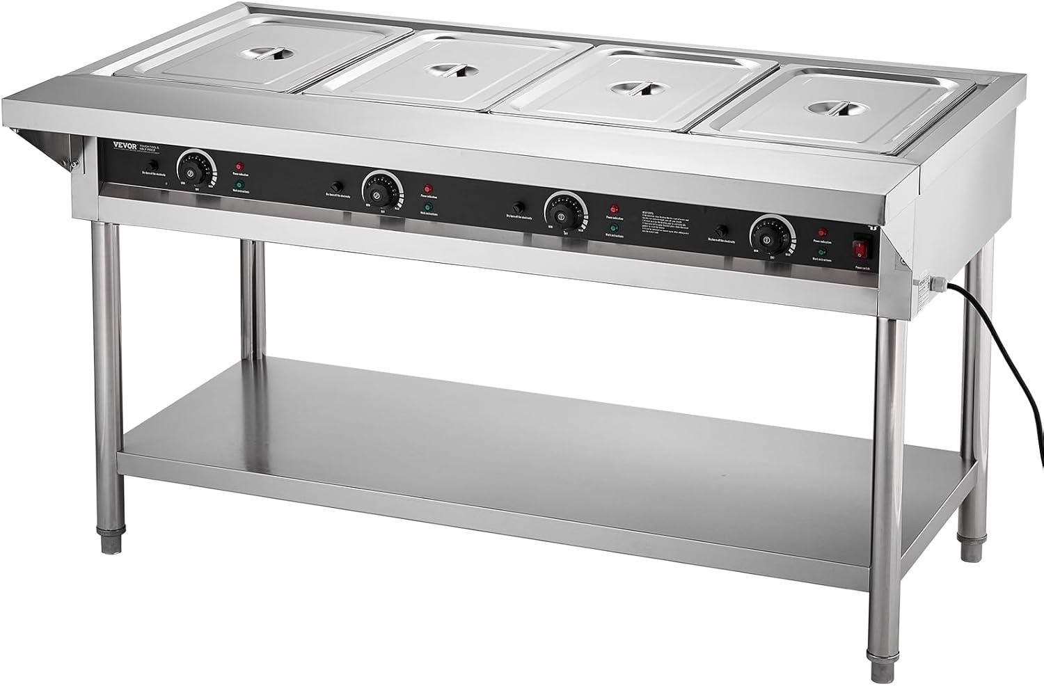 image:imageVEVOR 4Pan Commercial Food Warmer Electric Steam Table with Independent Temperature Control 450W x 4 Stainless Steel Buffet Catering Food Warmer with Undershelf and Workspace for Restaurant4x11Pan 96 Qt