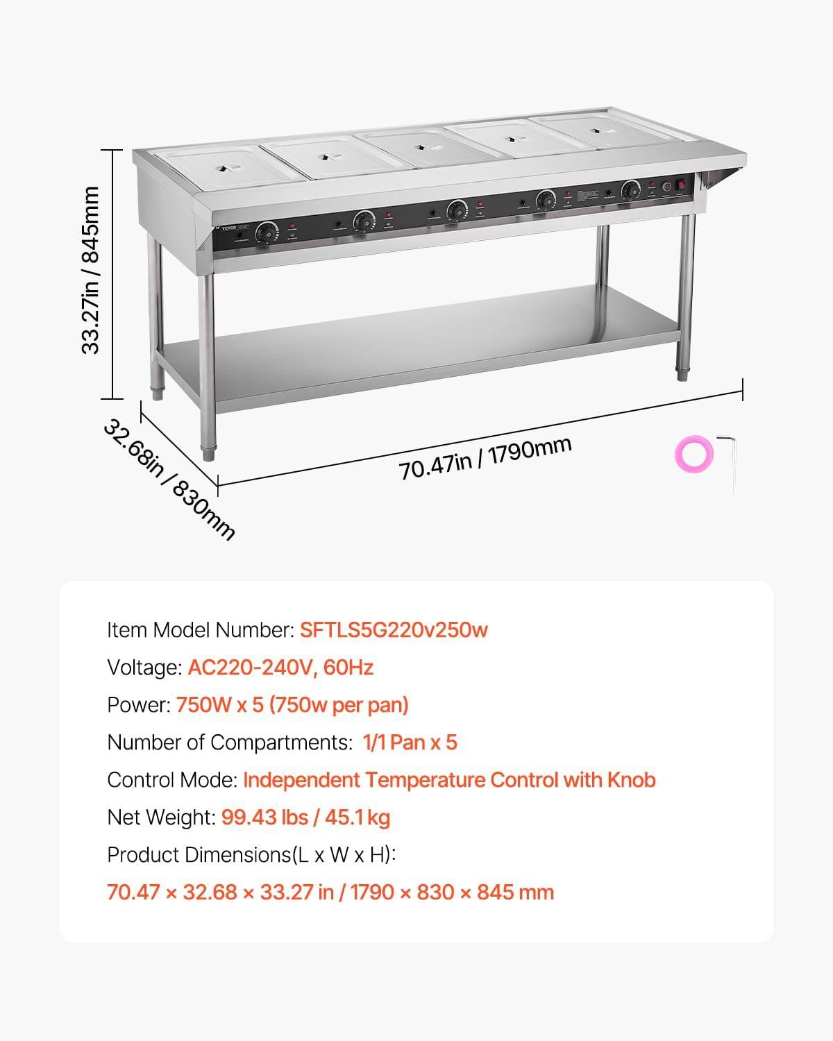 image:imageVEVOR 4Pan Commercial Food Warmer Electric Steam Table with Independent Temperature Control 450W x 4 Stainless Steel Buffet Catering Food Warmer with Undershelf and Workspace for Restaurant5x11Pan 120 Qt